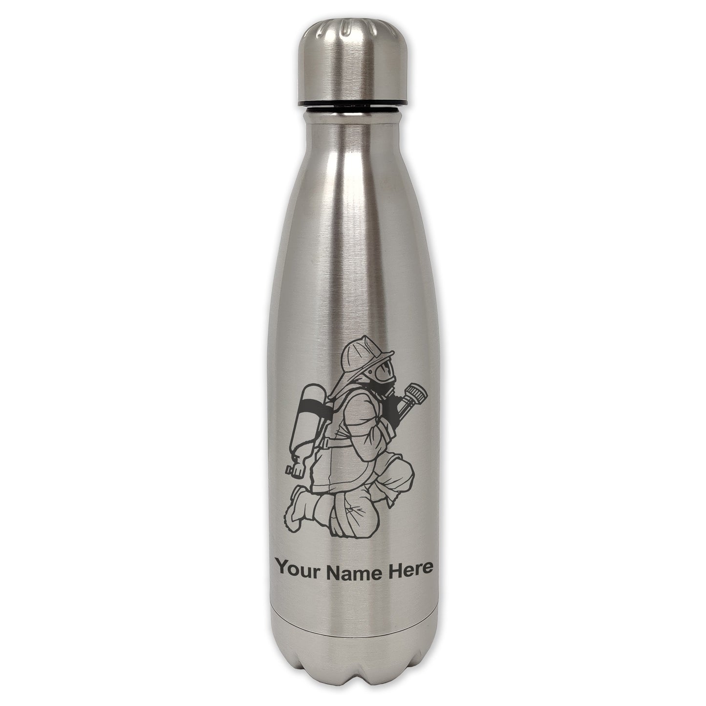 LaserGram Double Wall Water Bottle, Fireman with Hose, Personalized Engraving Included