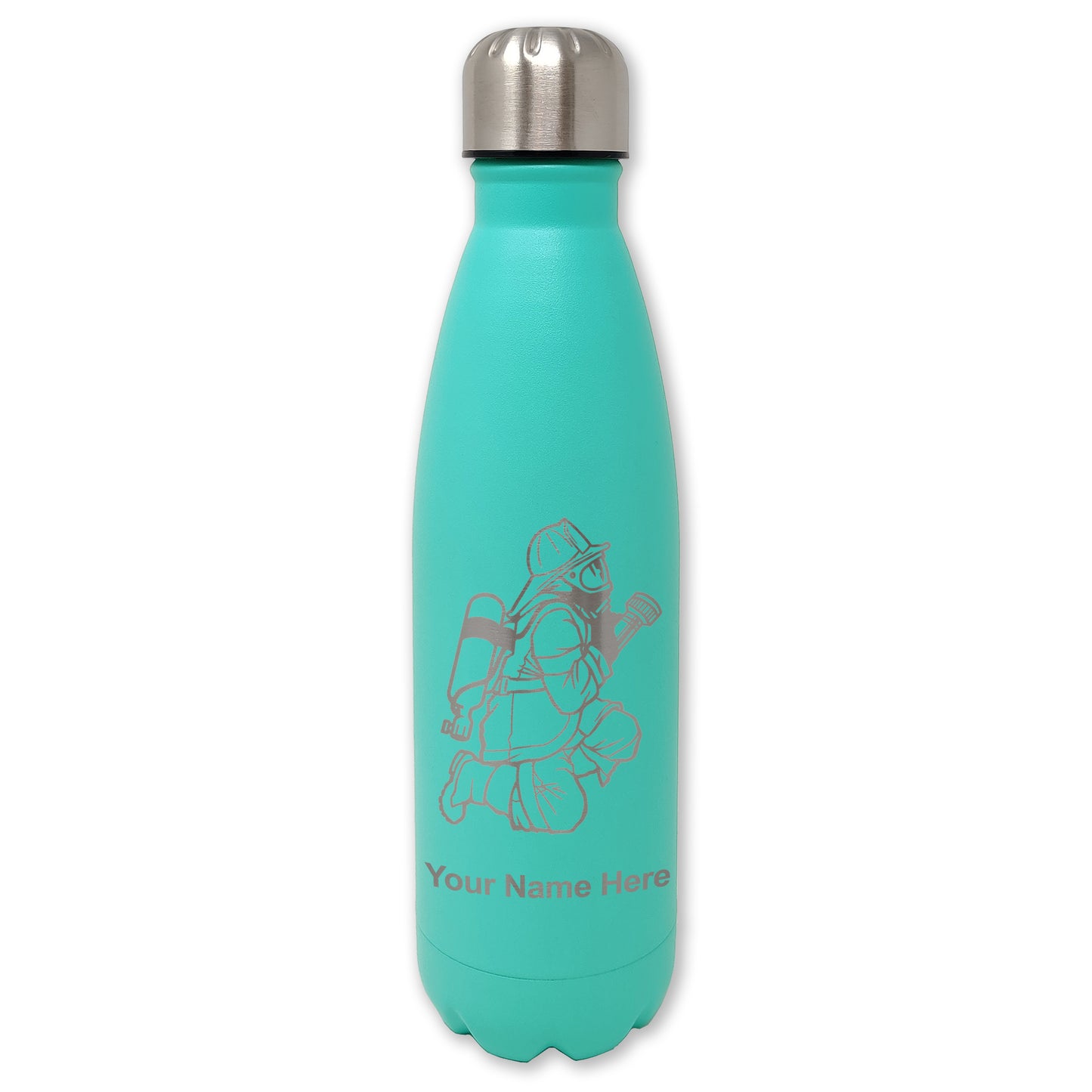 LaserGram Double Wall Water Bottle, Fireman with Hose, Personalized Engraving Included