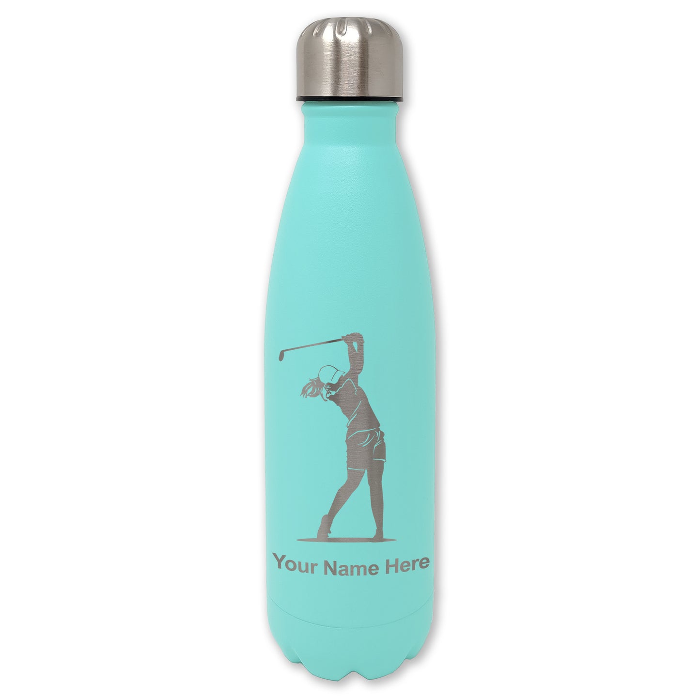 LaserGram Double Wall Water Bottle, Golfer Woman, Personalized Engraving Included