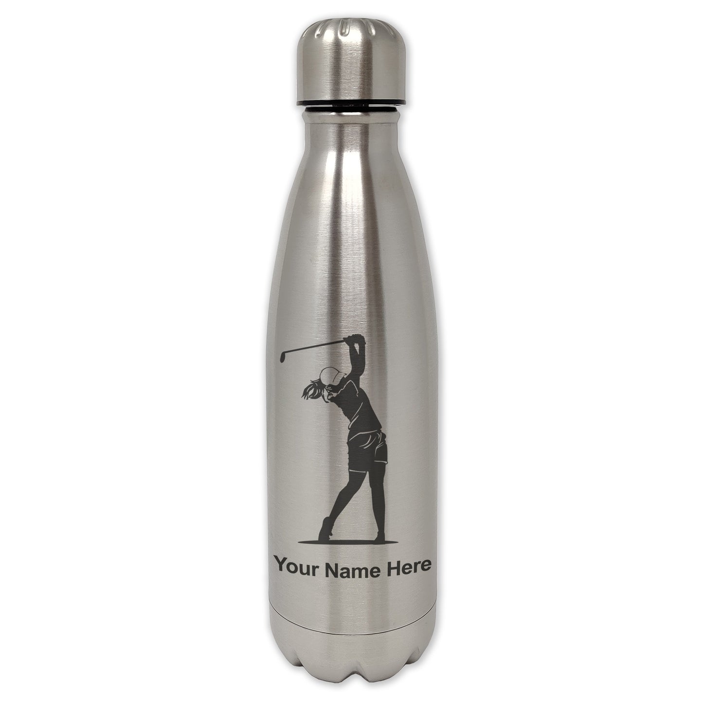 LaserGram Double Wall Water Bottle, Golfer Woman, Personalized Engraving Included