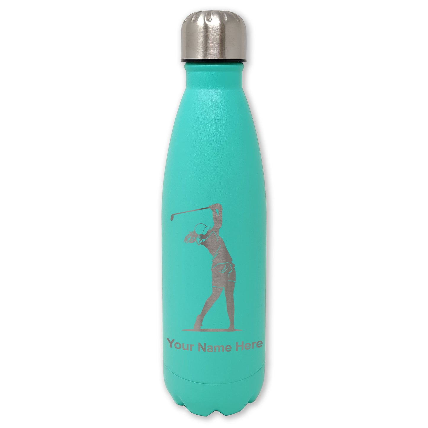 LaserGram Double Wall Water Bottle, Golfer Woman, Personalized Engraving Included