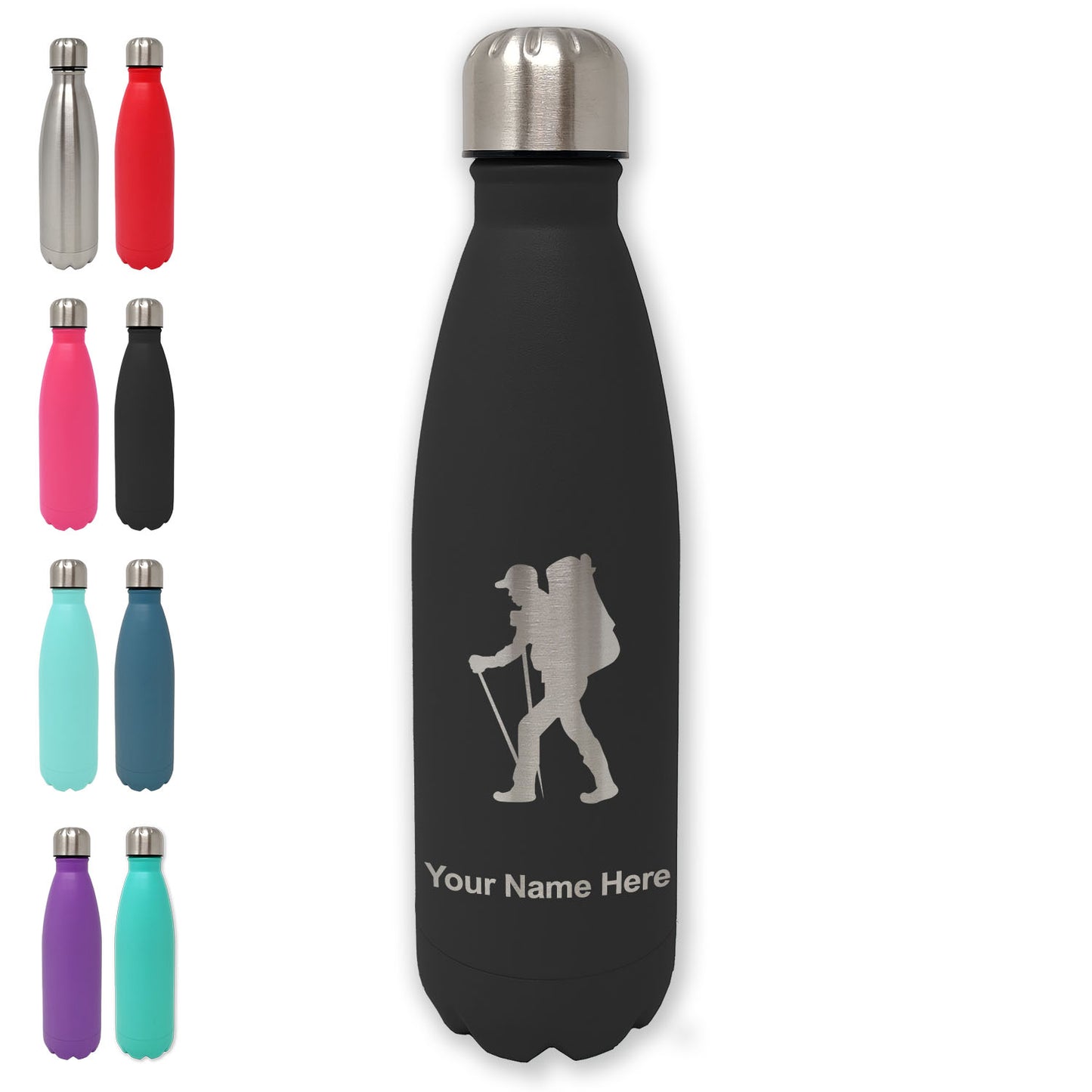 LaserGram Double Wall Water Bottle, Hiker Man, Personalized Engraving Included