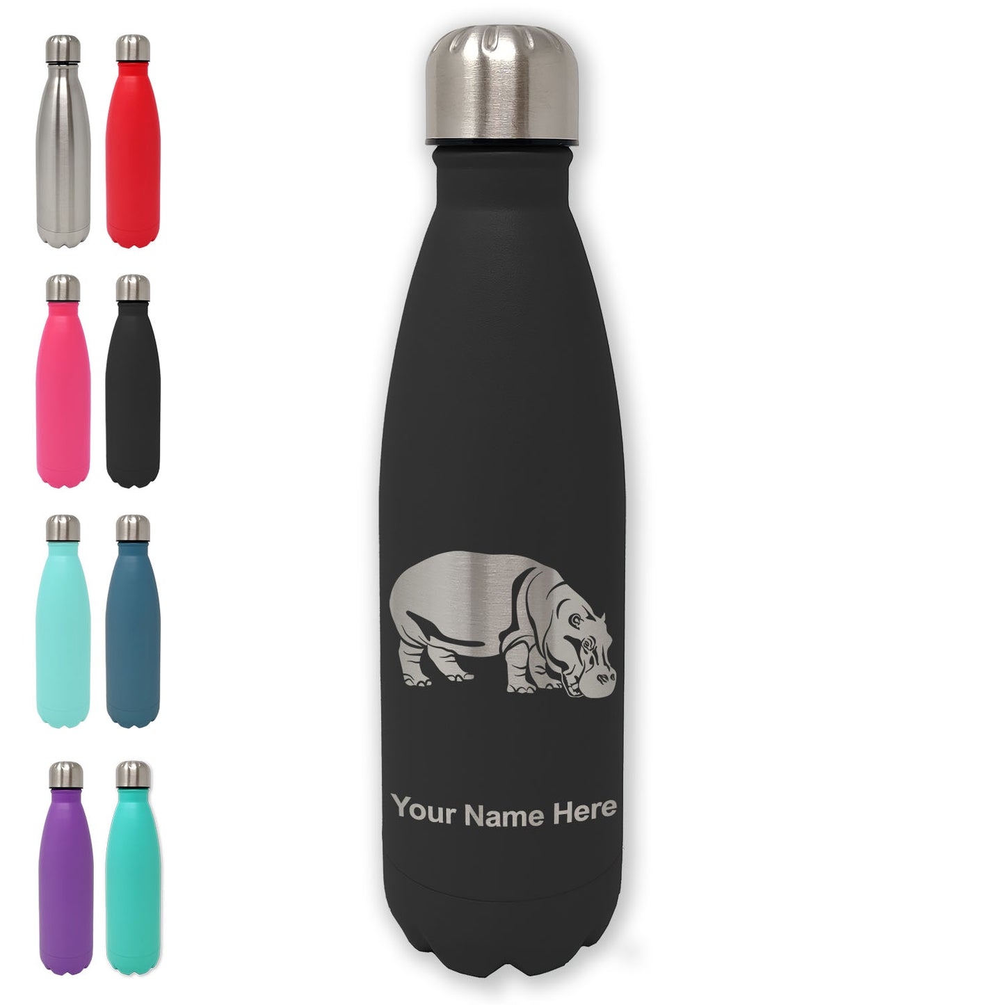 LaserGram Double Wall Water Bottle, Hippopotamus, Personalized Engraving Included