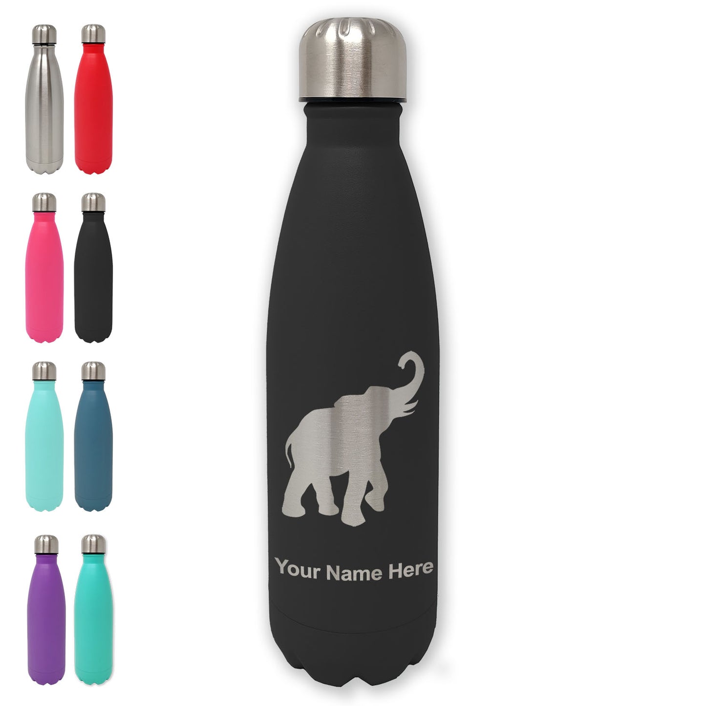 LaserGram Double Wall Water Bottle, Indian Elephant, Personalized Engraving Included