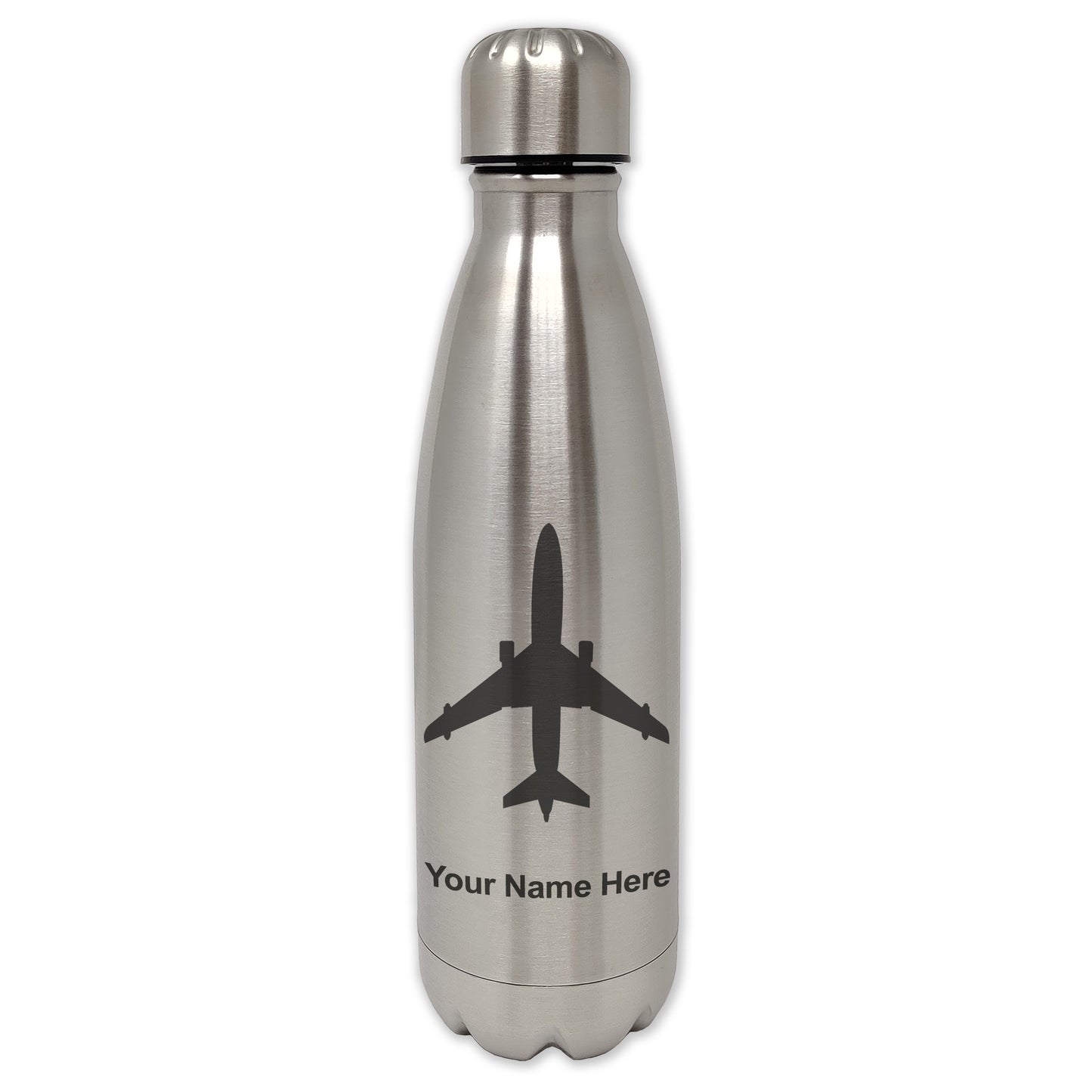 LaserGram Double Wall Water Bottle, Jet Airplane, Personalized Engraving Included