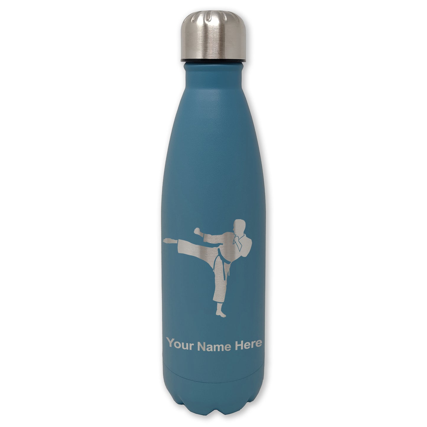 LaserGram Double Wall Water Bottle, Karate Man, Personalized Engraving Included