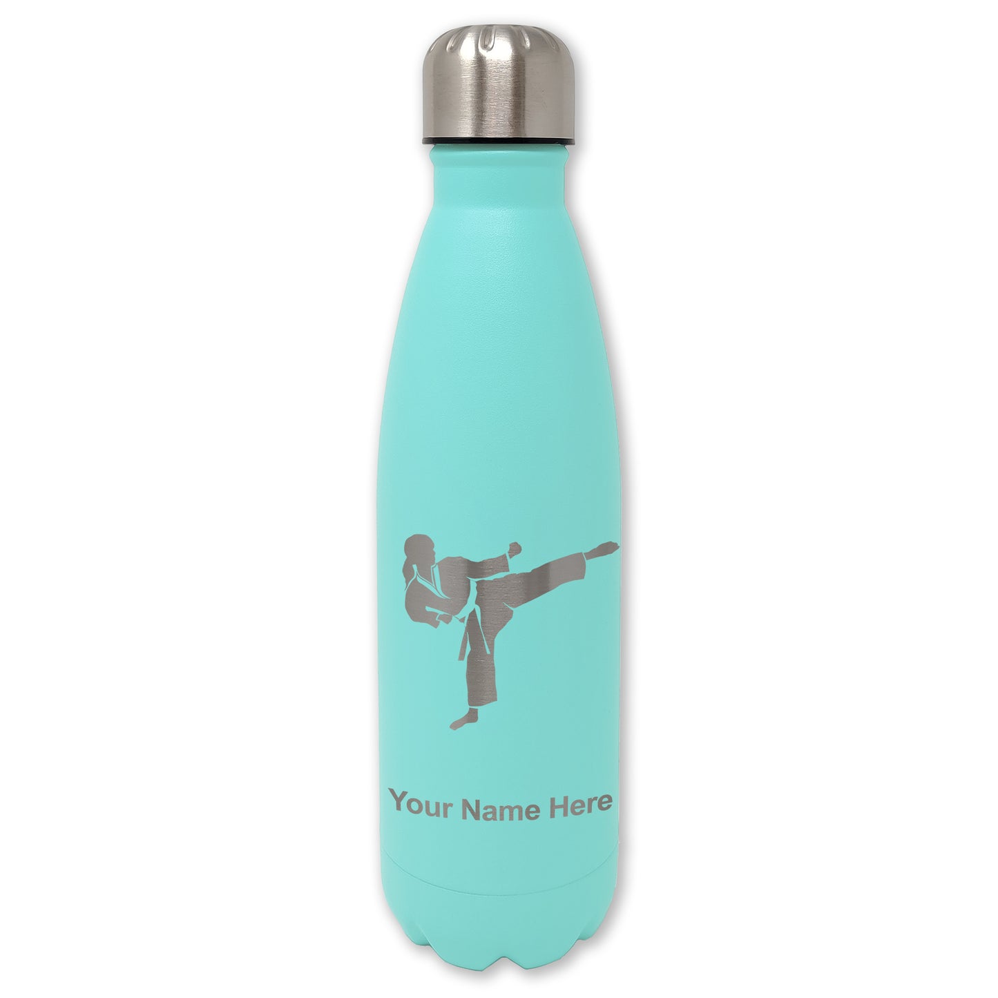 LaserGram Double Wall Water Bottle, Karate Woman, Personalized Engraving Included