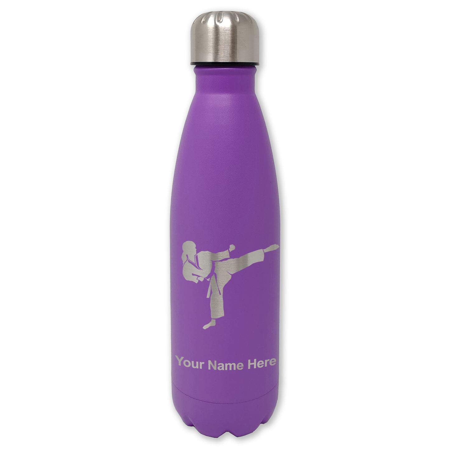 LaserGram Double Wall Water Bottle, Karate Woman, Personalized Engraving Included