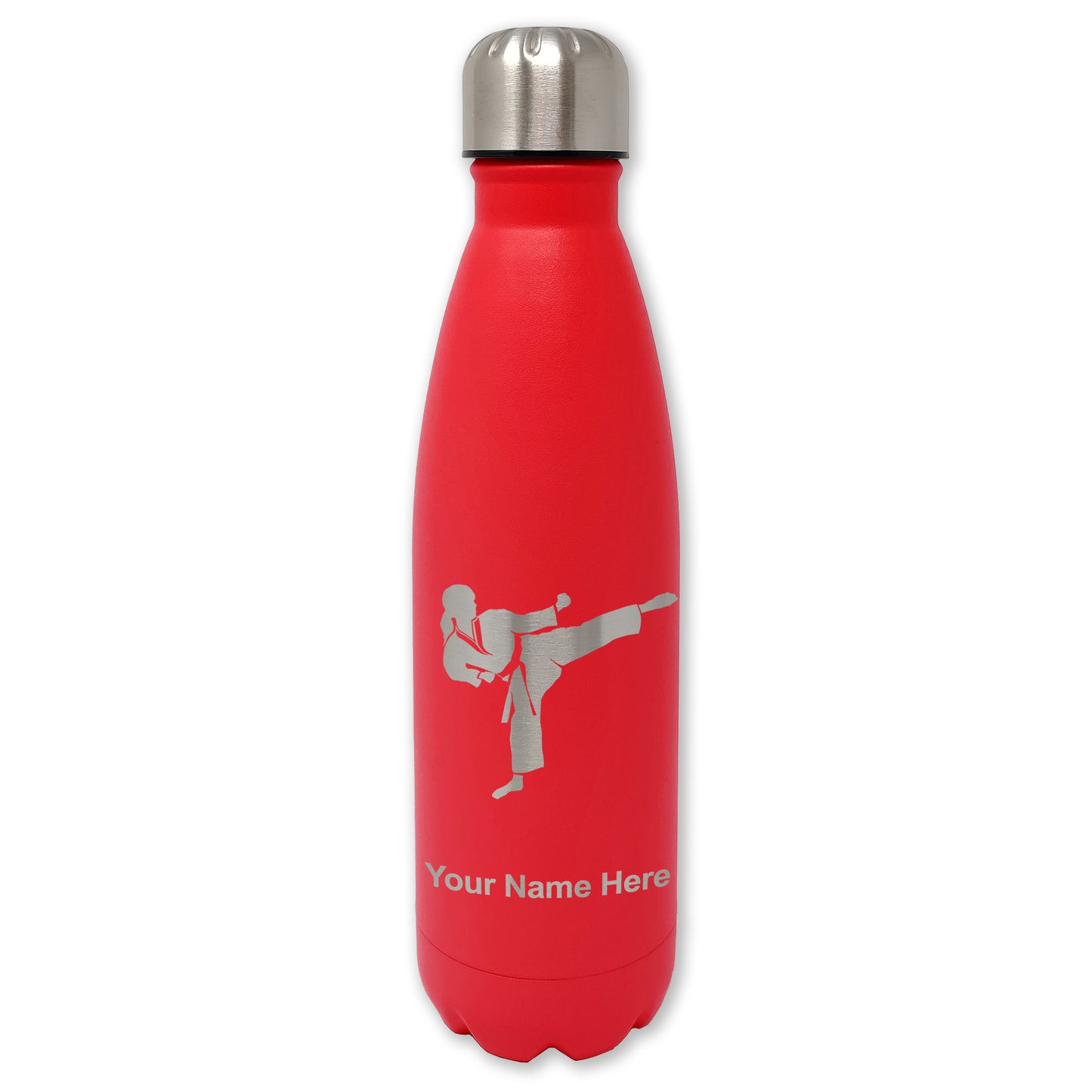 LaserGram Double Wall Water Bottle, Karate Woman, Personalized Engraving Included