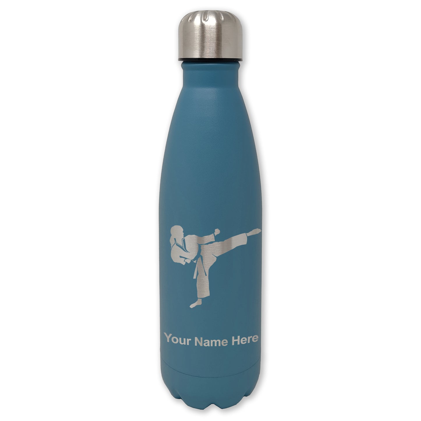 LaserGram Double Wall Water Bottle, Karate Woman, Personalized Engraving Included