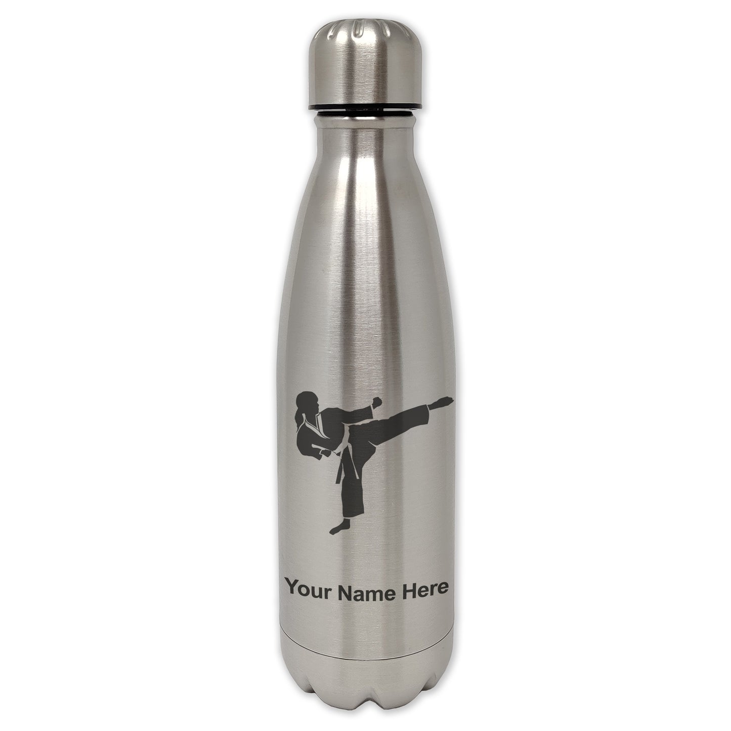 LaserGram Double Wall Water Bottle, Karate Woman, Personalized Engraving Included