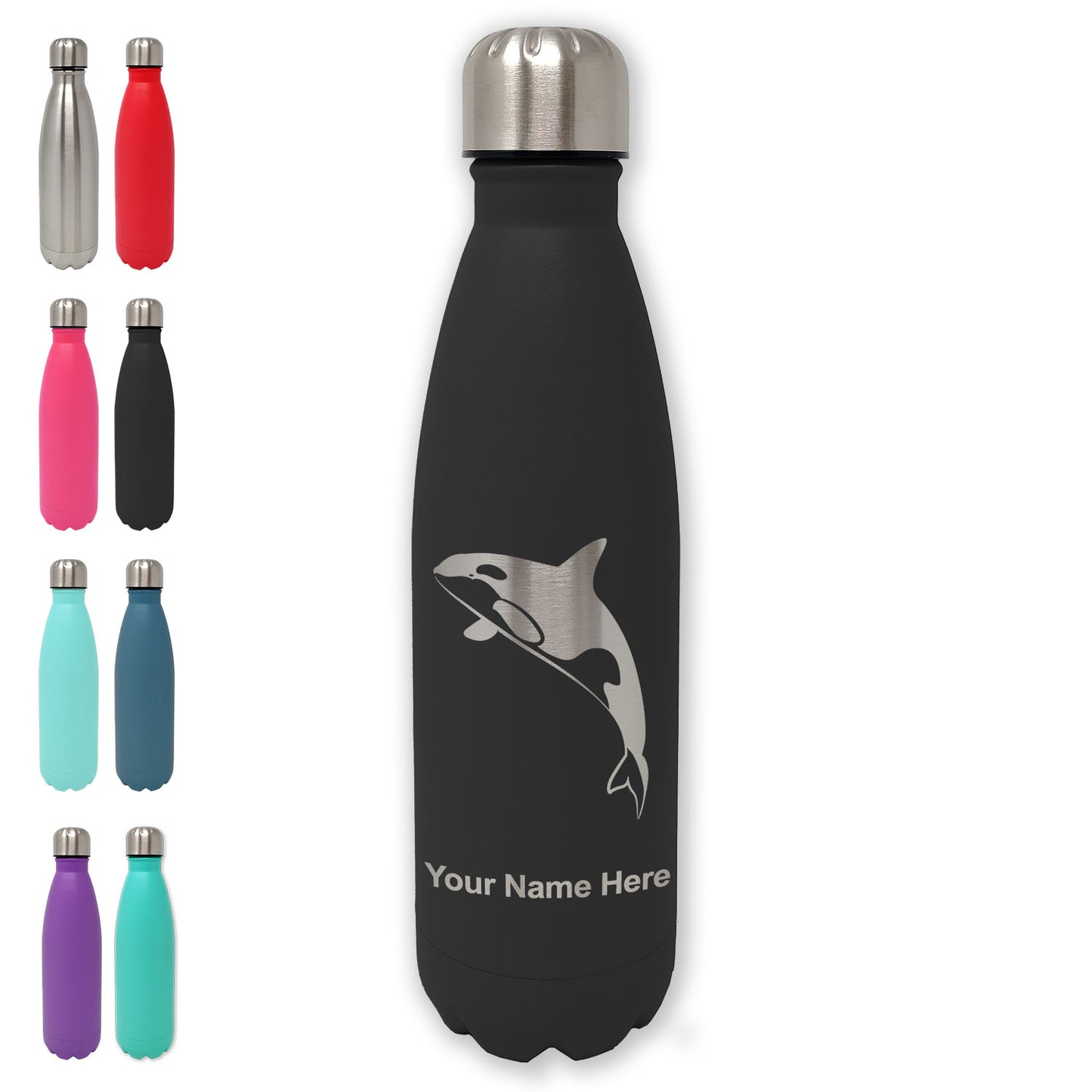 LaserGram Double Wall Water Bottle, Killer Whale, Personalized Engraving Included