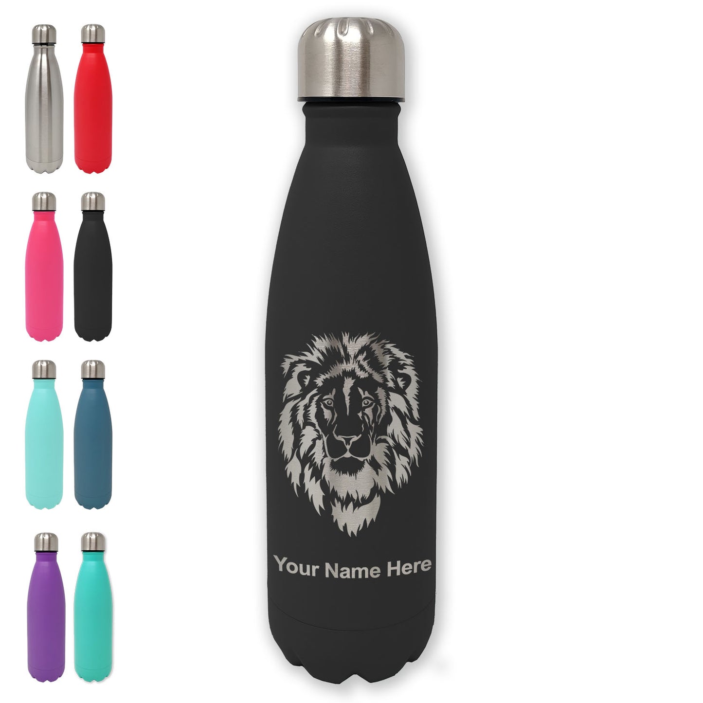 LaserGram Double Wall Water Bottle, Lion Head, Personalized Engraving Included