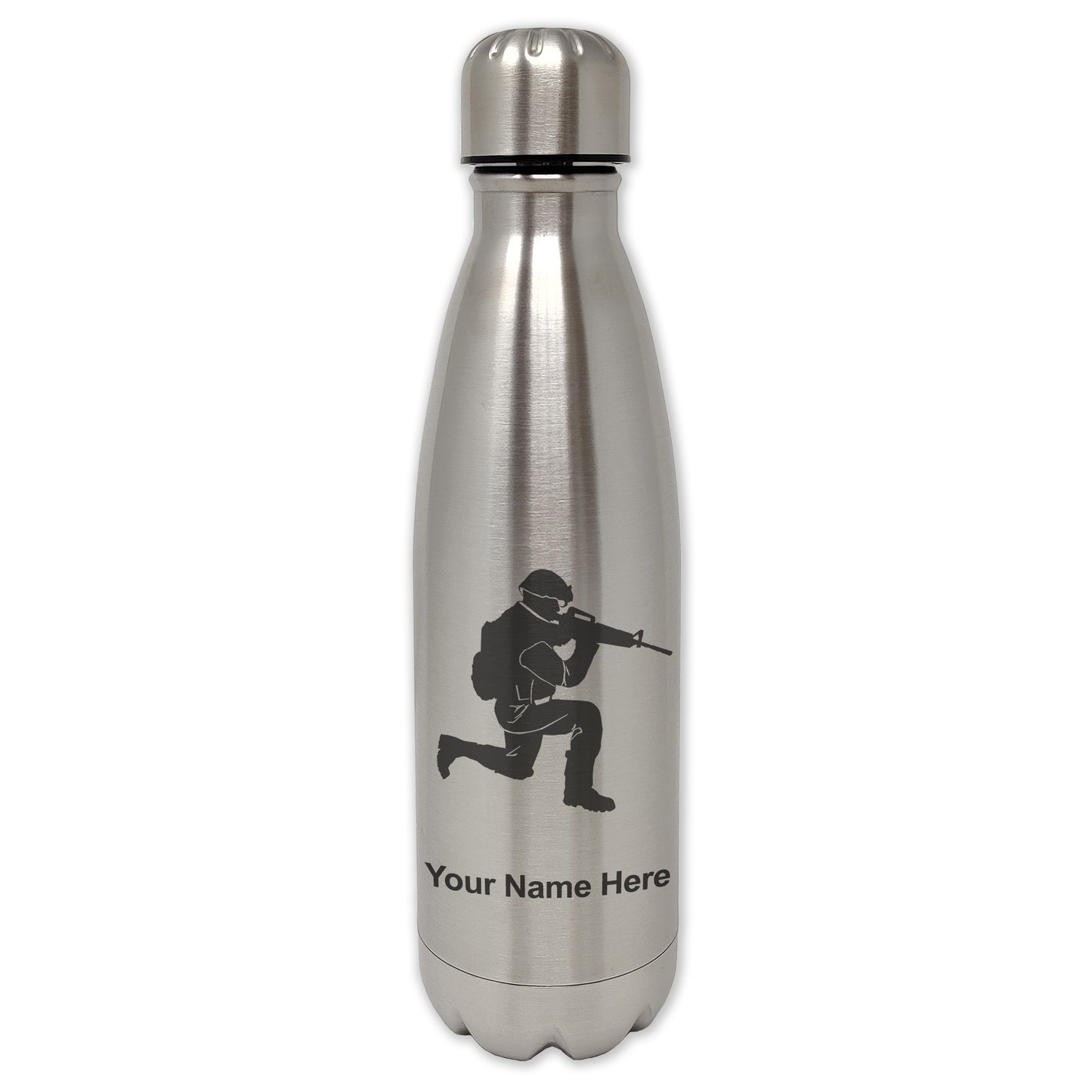 LaserGram Double Wall Water Bottle, Military Soldier, Personalized Engraving Included