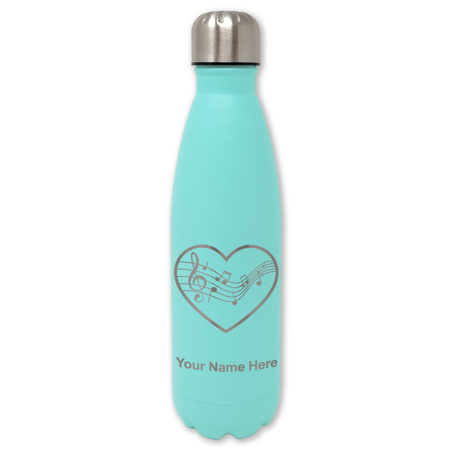 LaserGram Double Wall Water Bottle, Music Staff Heart, Personalized Engraving Included
