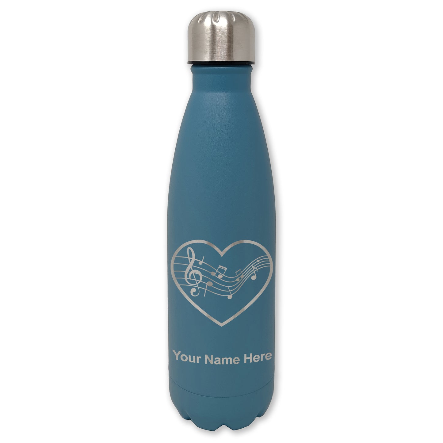 LaserGram Double Wall Water Bottle, Music Staff Heart, Personalized Engraving Included