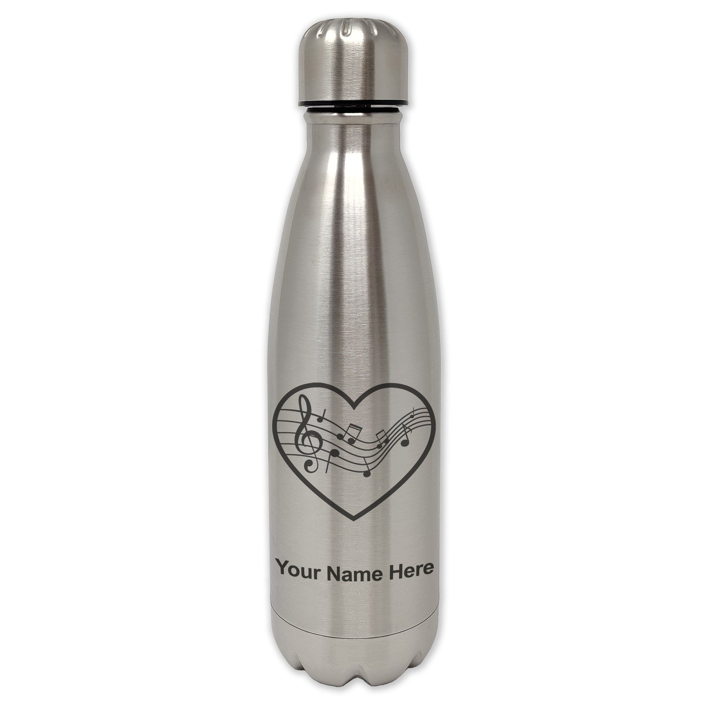 LaserGram Double Wall Water Bottle, Music Staff Heart, Personalized Engraving Included