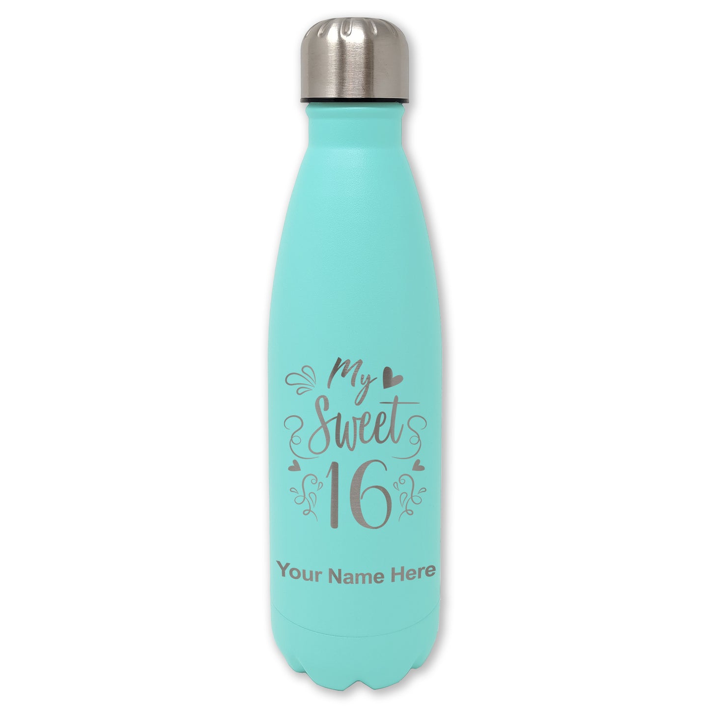 LaserGram Double Wall Water Bottle, My Sweet 16, Personalized Engraving Included
