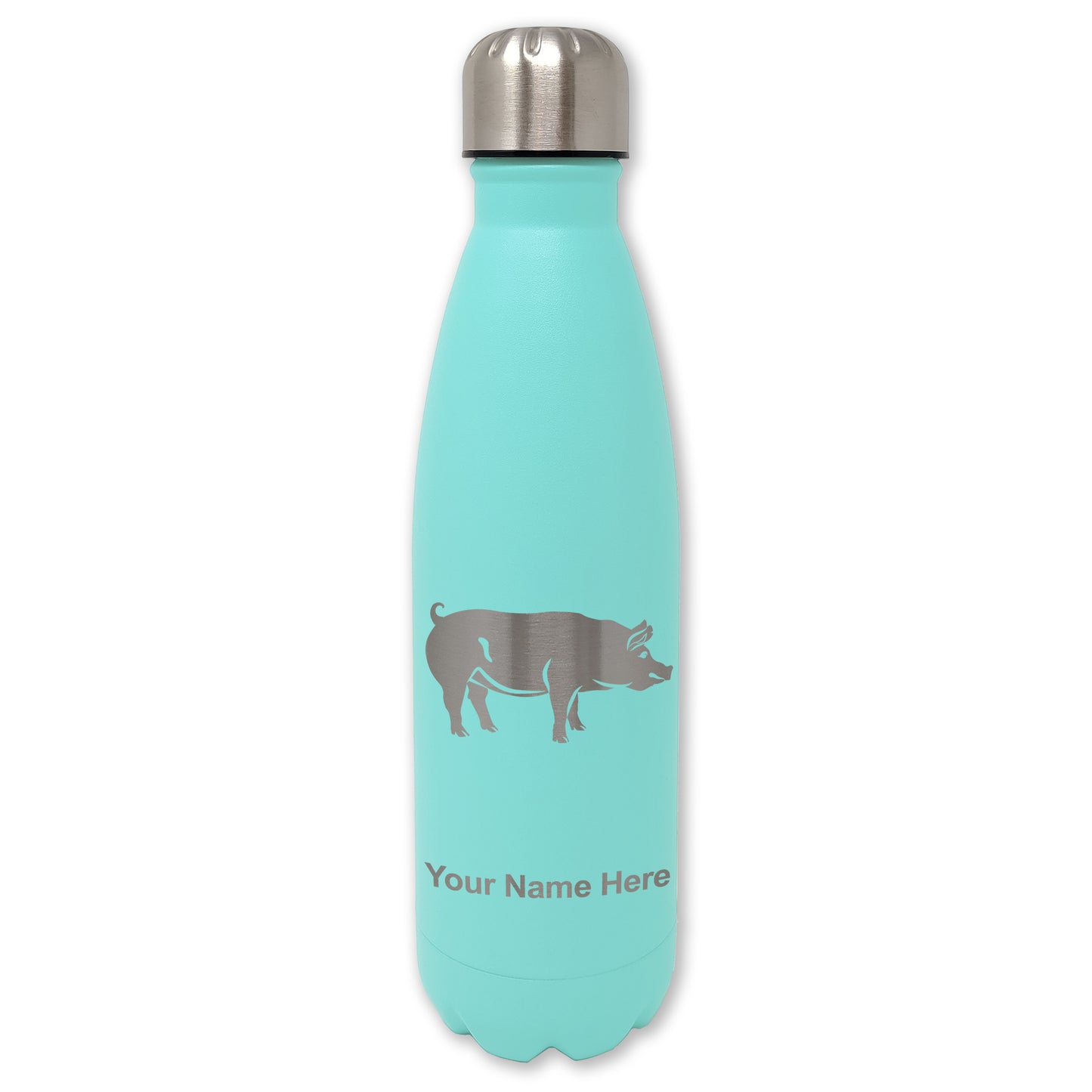 LaserGram Double Wall Water Bottle, Pig, Personalized Engraving Included