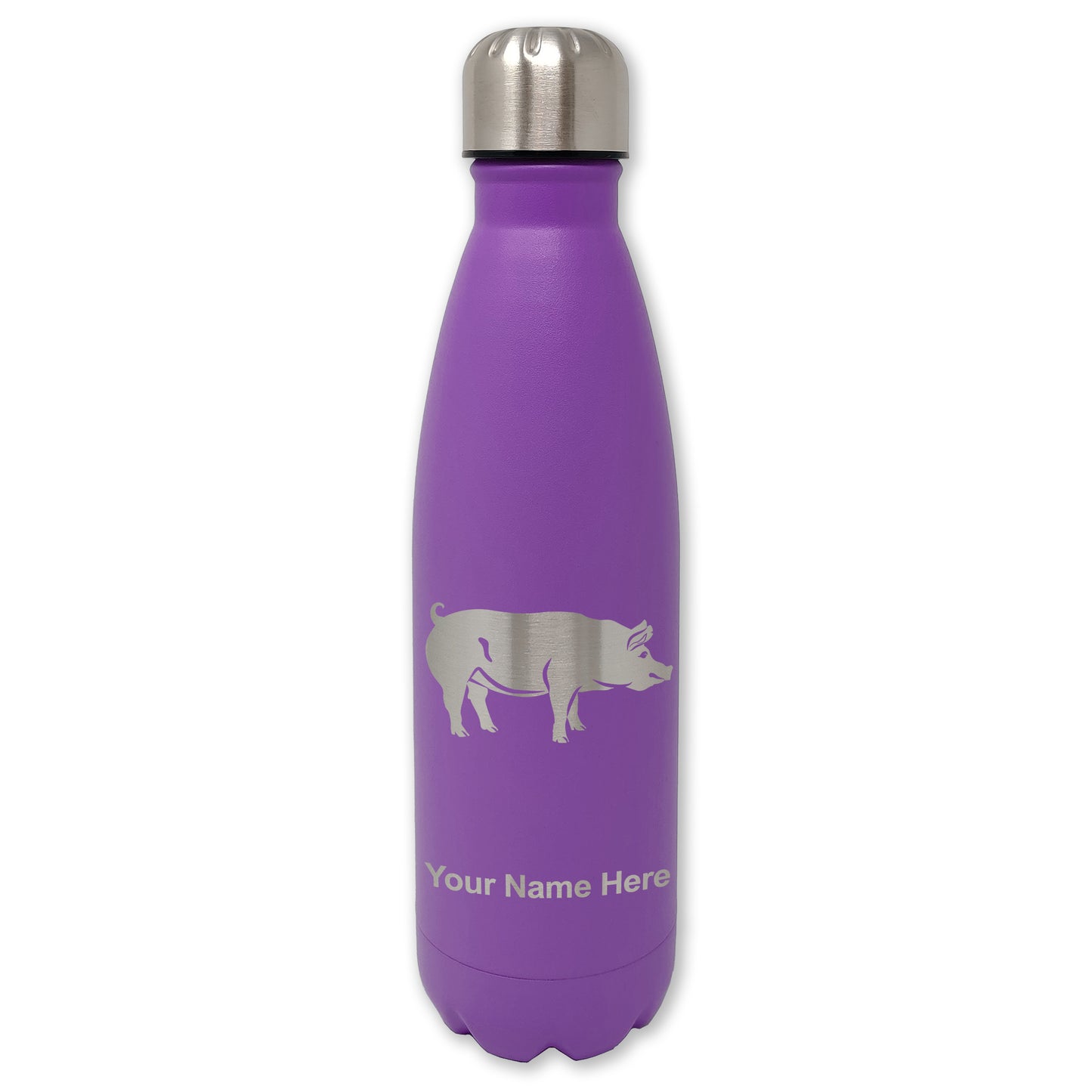 LaserGram Double Wall Water Bottle, Pig, Personalized Engraving Included