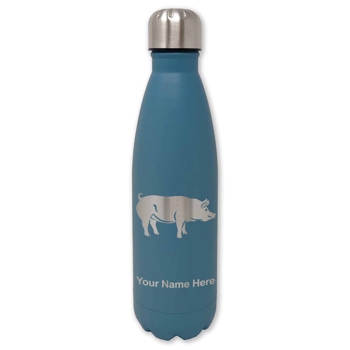 LaserGram Double Wall Water Bottle, Pig, Personalized Engraving Included