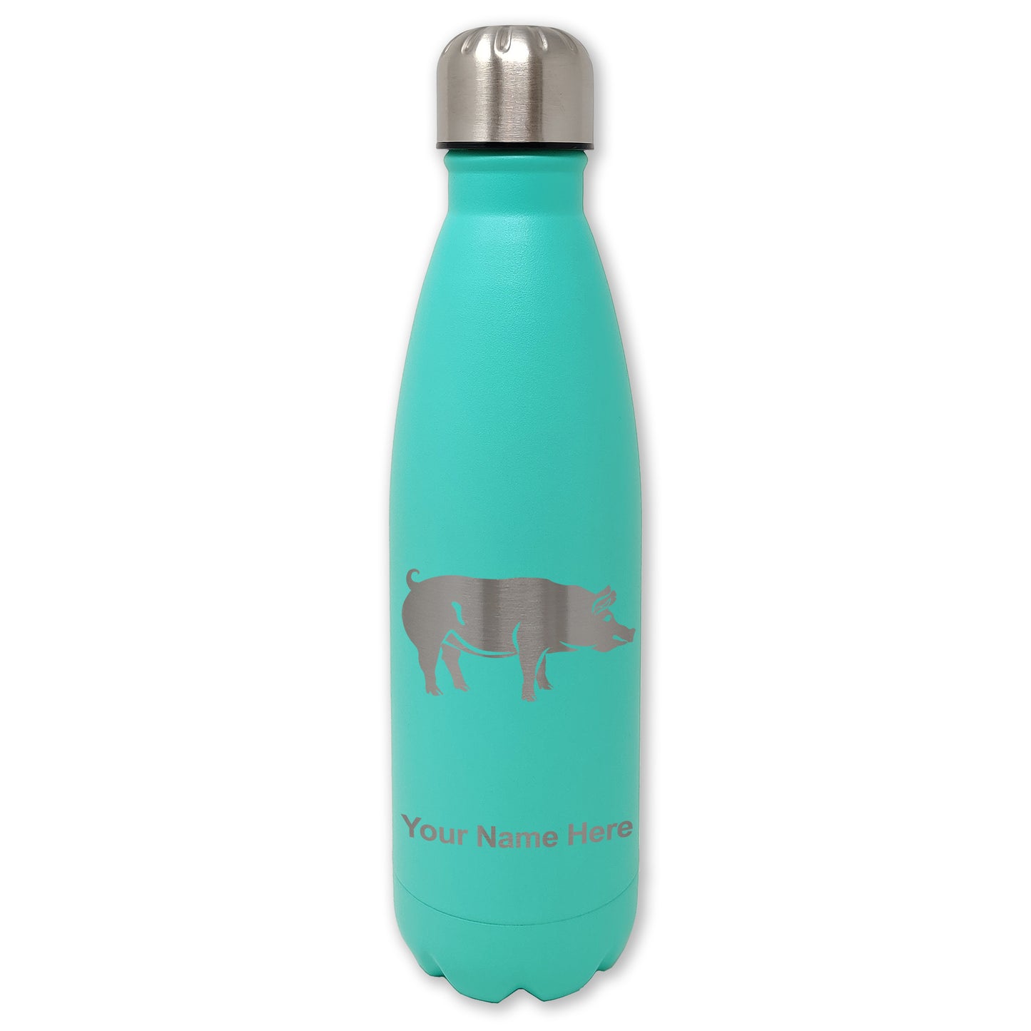 LaserGram Double Wall Water Bottle, Pig, Personalized Engraving Included