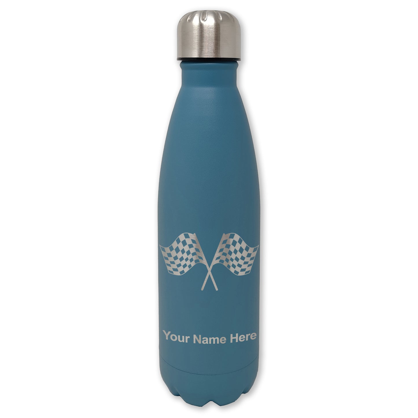 LaserGram Double Wall Water Bottle, Racing Flags, Personalized Engraving Included