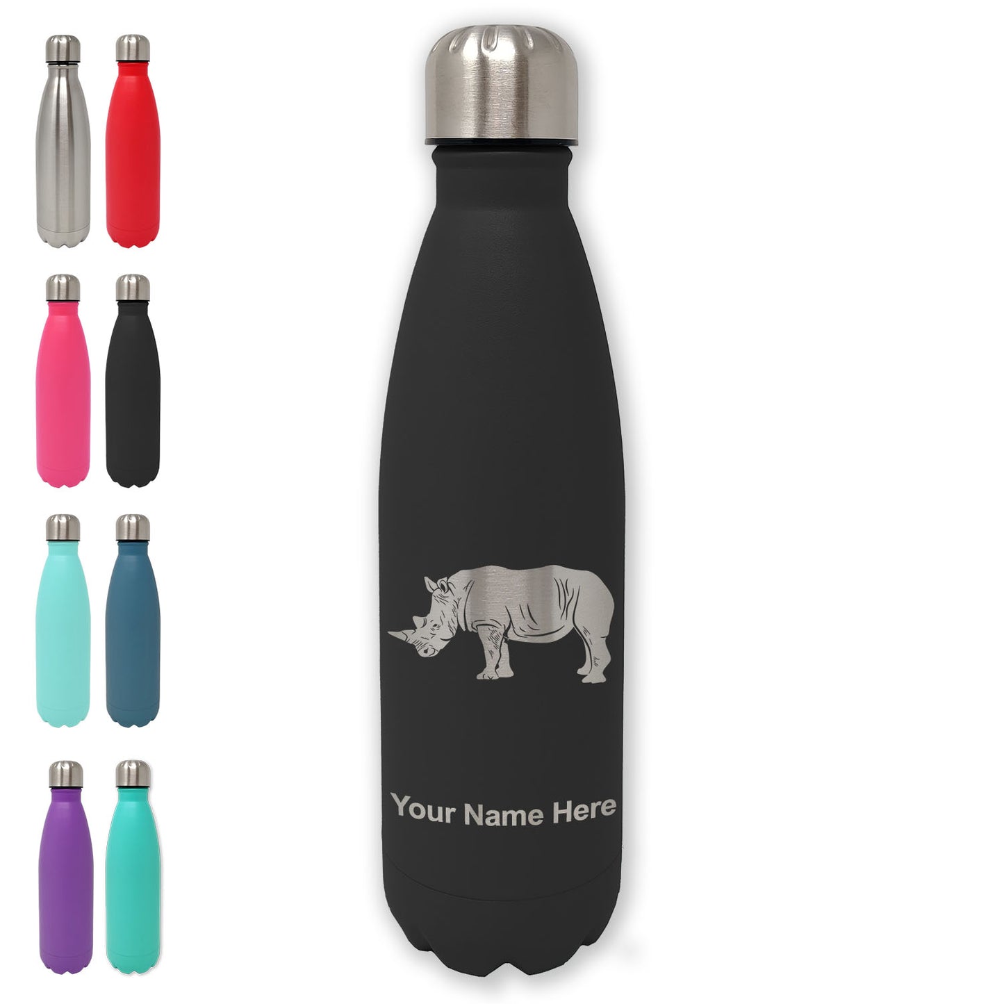 LaserGram Double Wall Water Bottle, Rhinoceros, Personalized Engraving Included