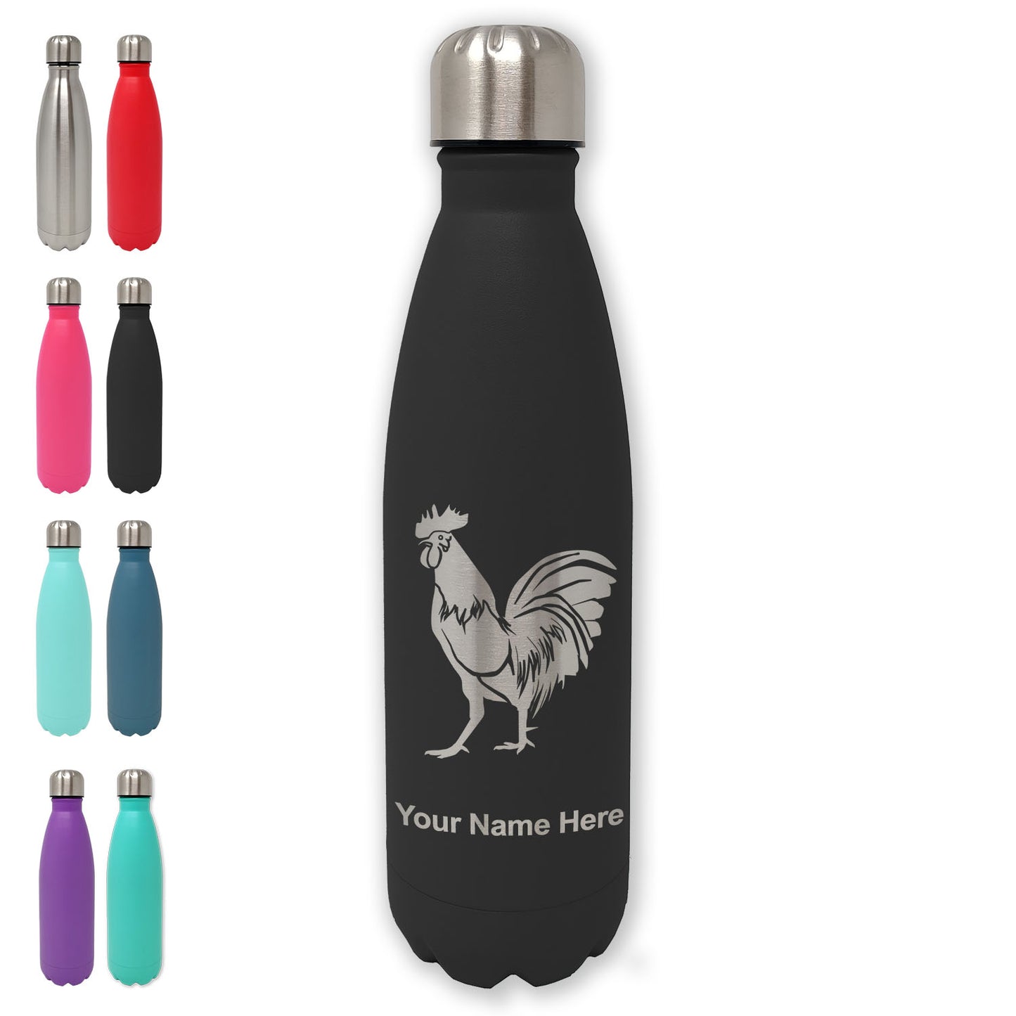 LaserGram Double Wall Water Bottle, Rooster, Personalized Engraving Included