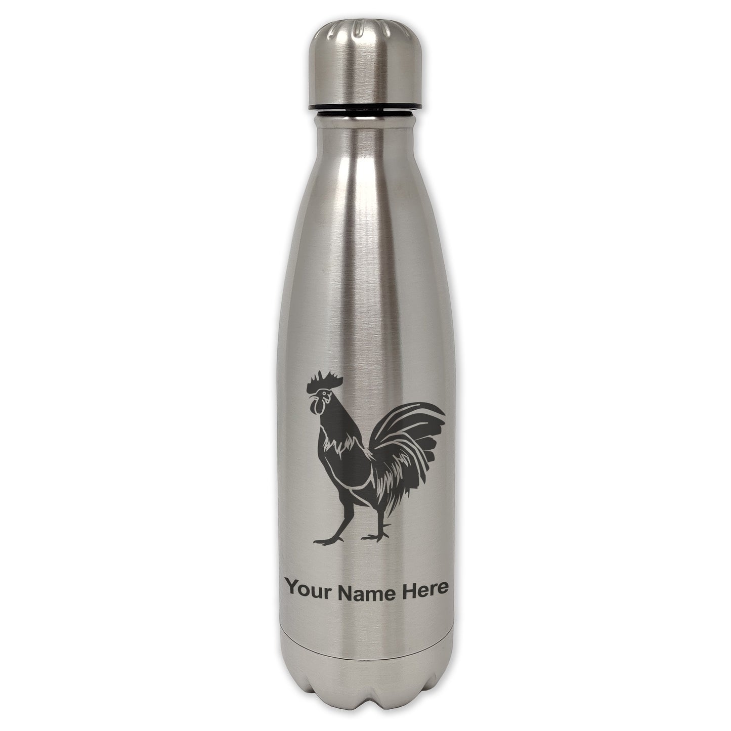 LaserGram Double Wall Water Bottle, Rooster, Personalized Engraving Included