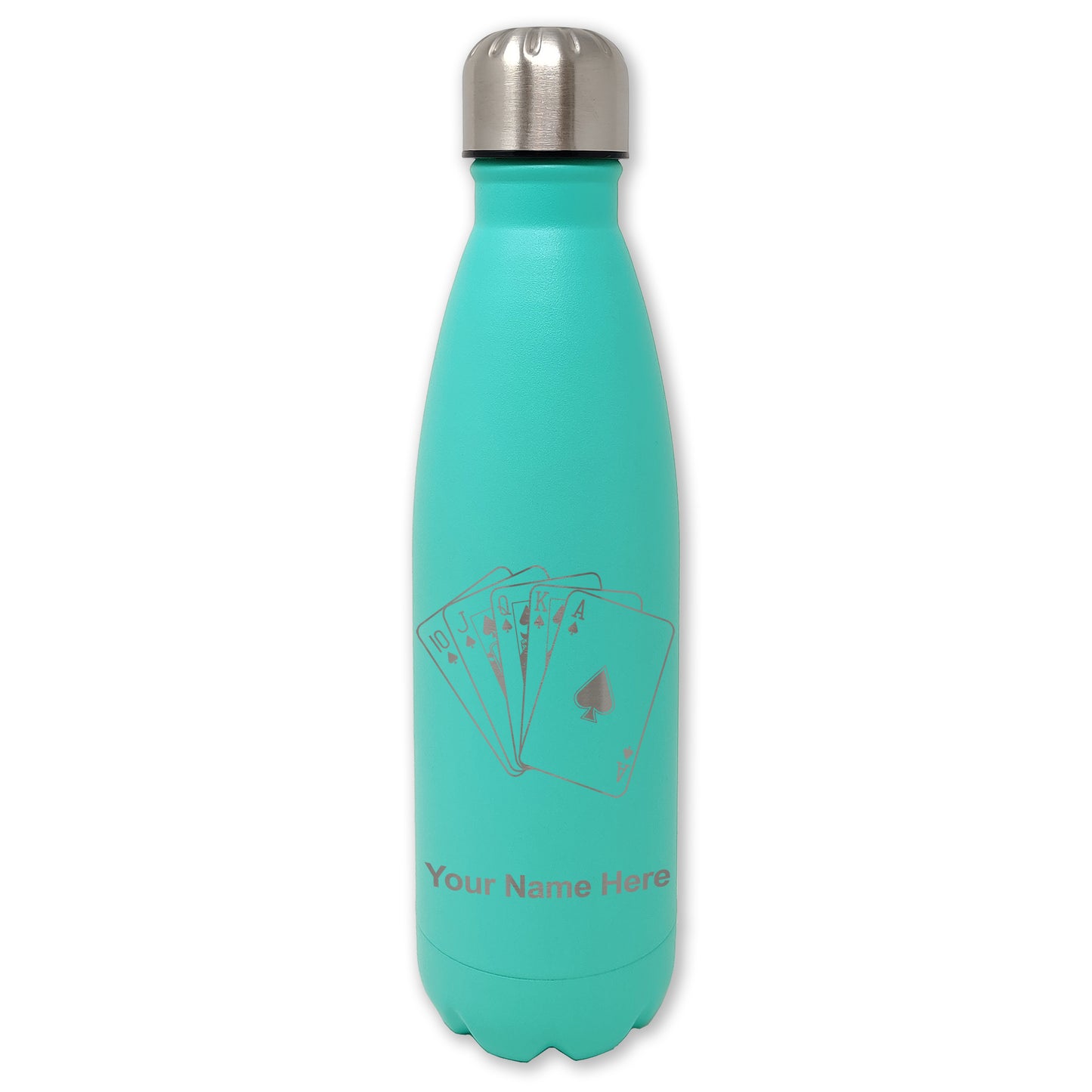 LaserGram Double Wall Water Bottle, Royal Flush Poker Cards, Personalized Engraving Included