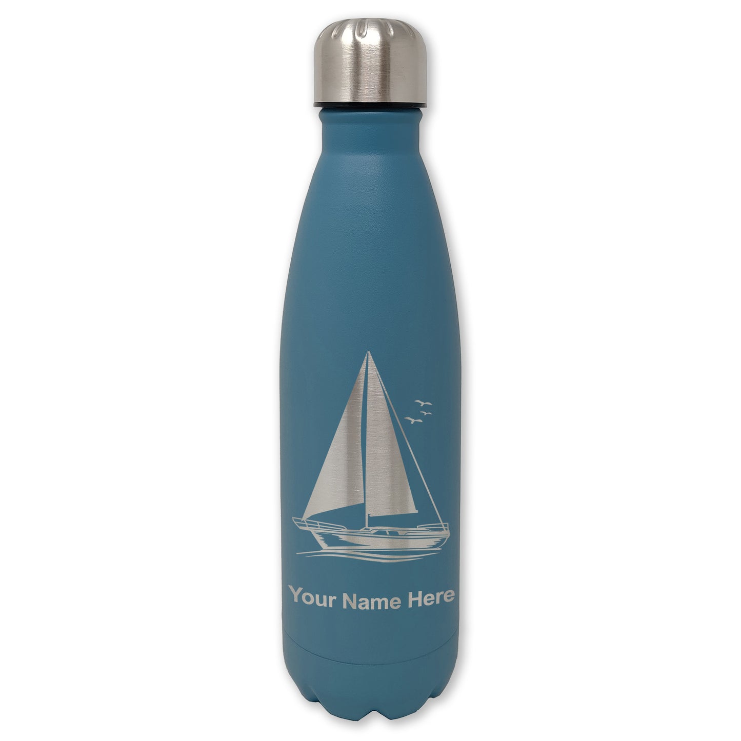 LaserGram Double Wall Water Bottle, Sailboat, Personalized Engraving Included