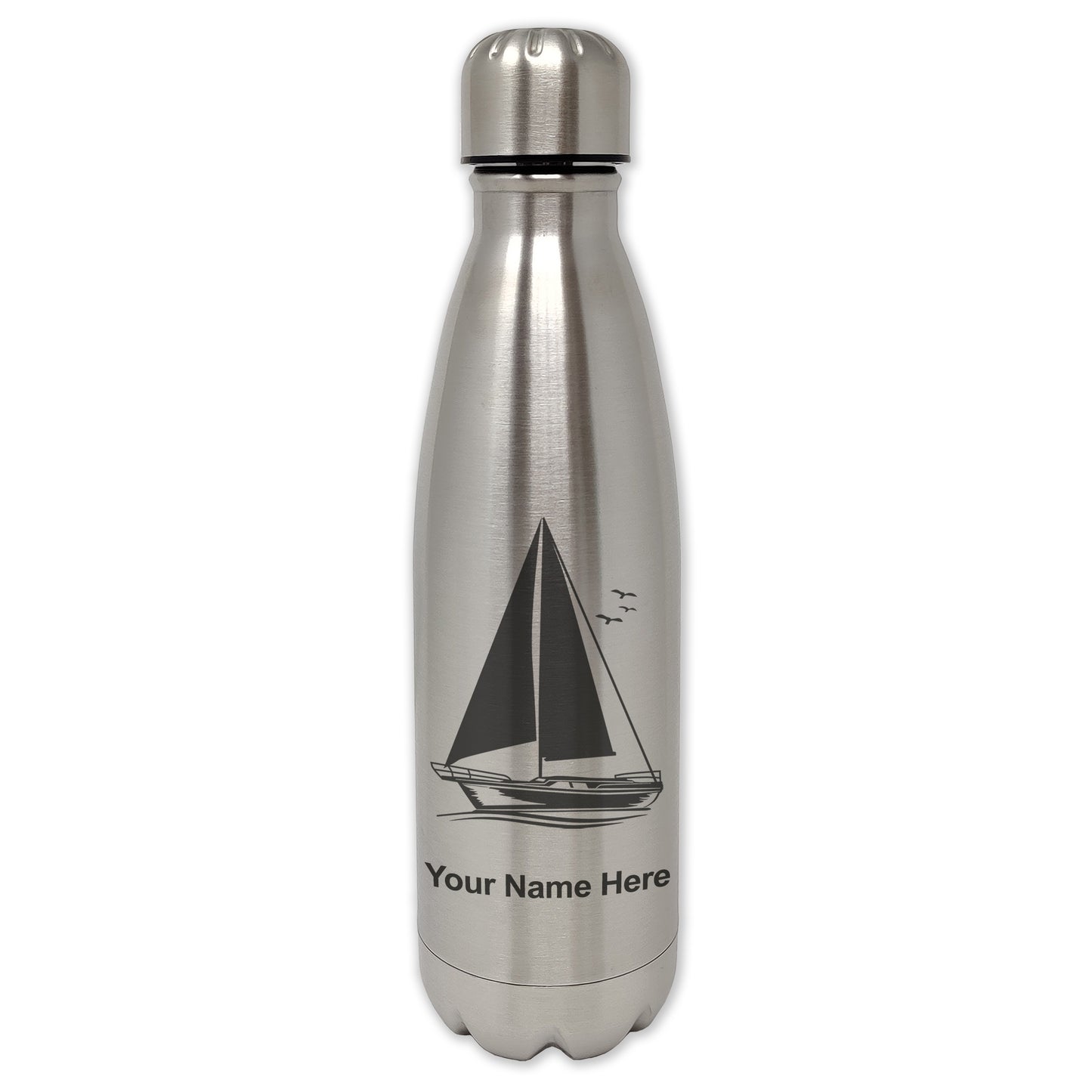 LaserGram Double Wall Water Bottle, Sailboat, Personalized Engraving Included