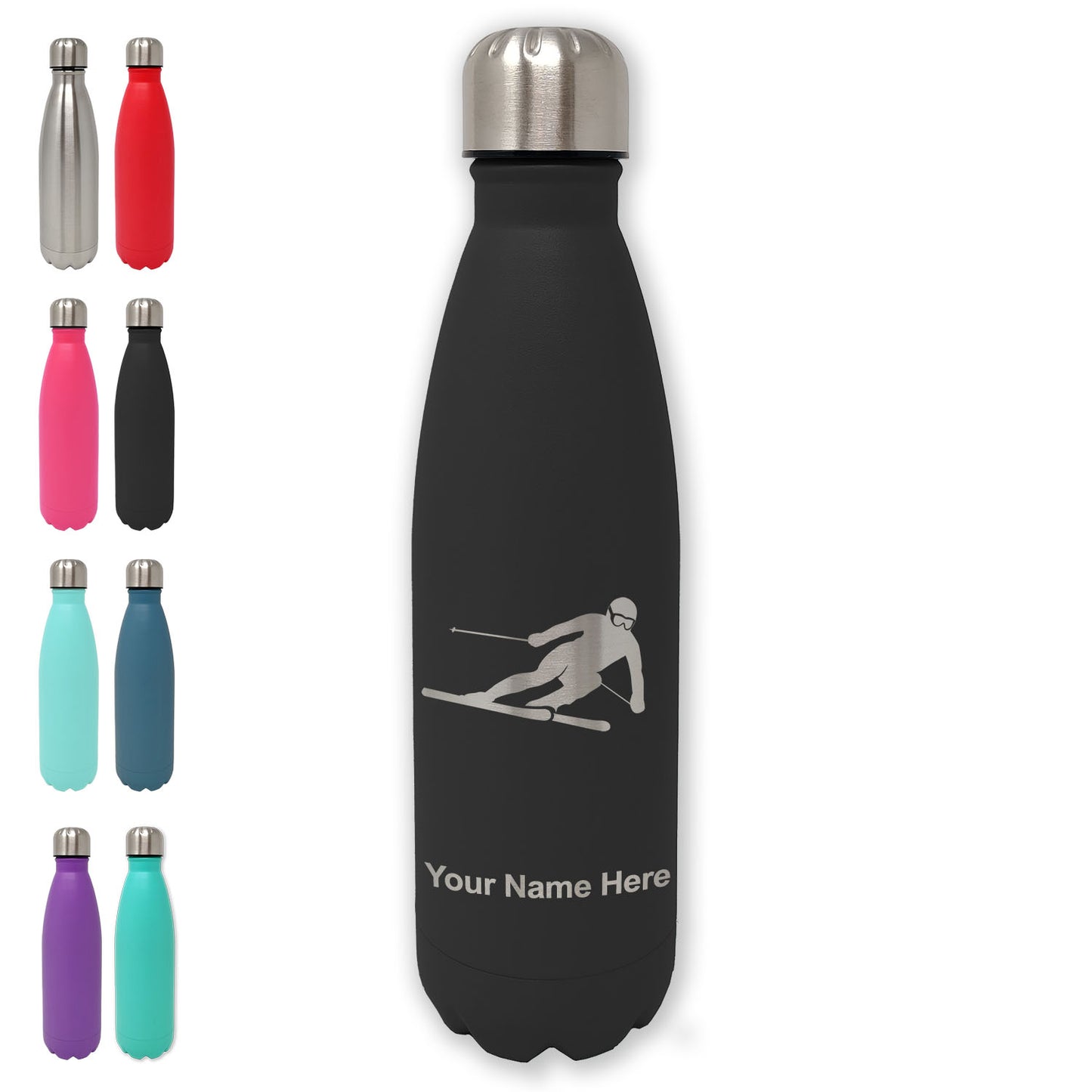 LaserGram Double Wall Water Bottle, Skier Downhill, Personalized Engraving Included