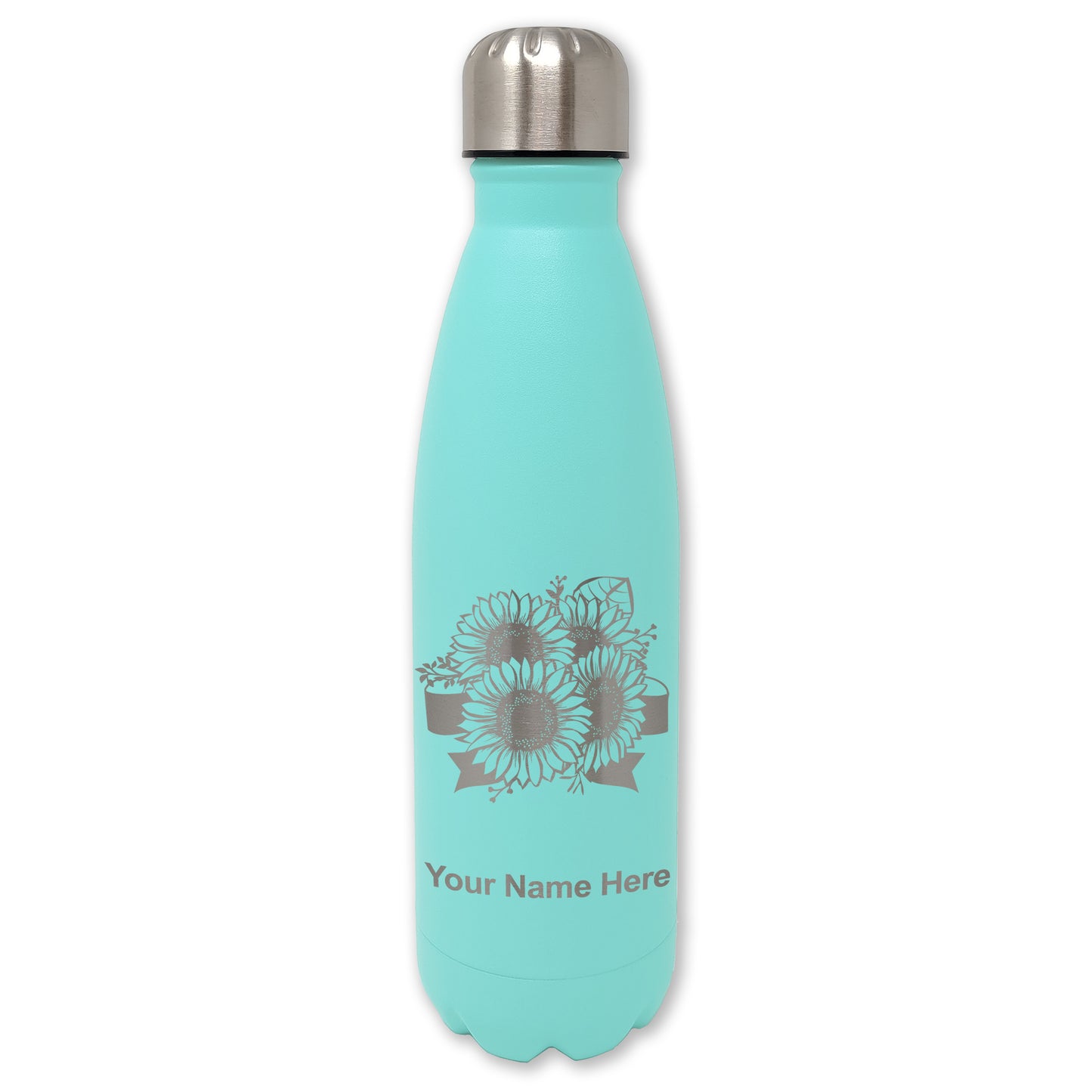 LaserGram Double Wall Water Bottle, Sunflowers, Personalized Engraving Included