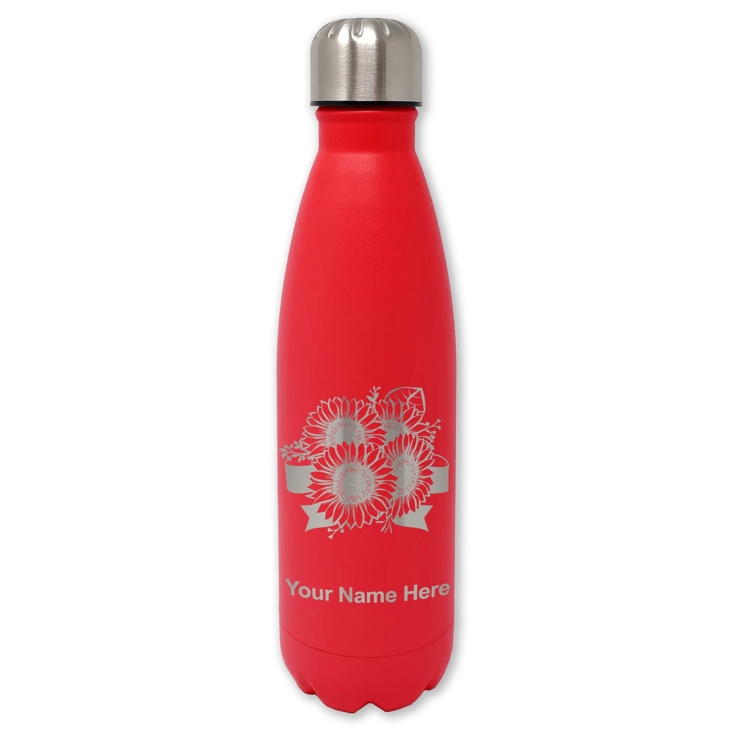 LaserGram Double Wall Water Bottle, Sunflowers, Personalized Engraving Included