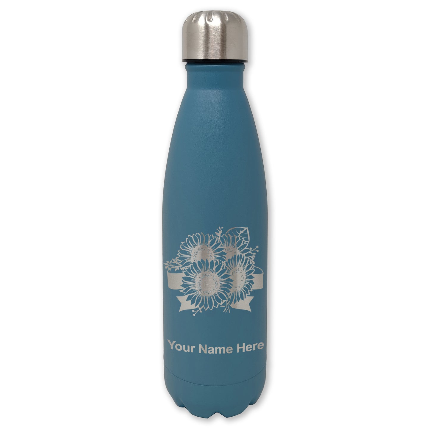 LaserGram Double Wall Water Bottle, Sunflowers, Personalized Engraving Included