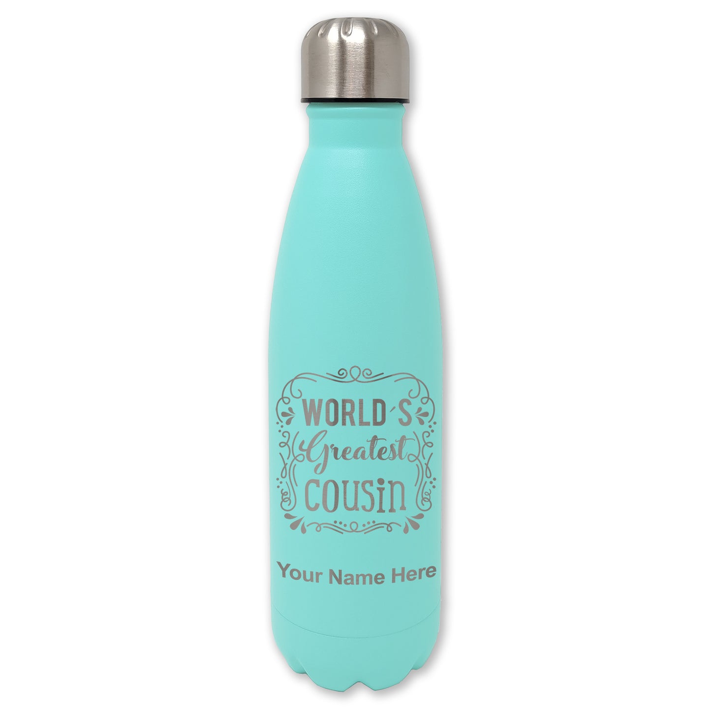 LaserGram Double Wall Water Bottle, World's Greatest Cousin, Personalized Engraving Included