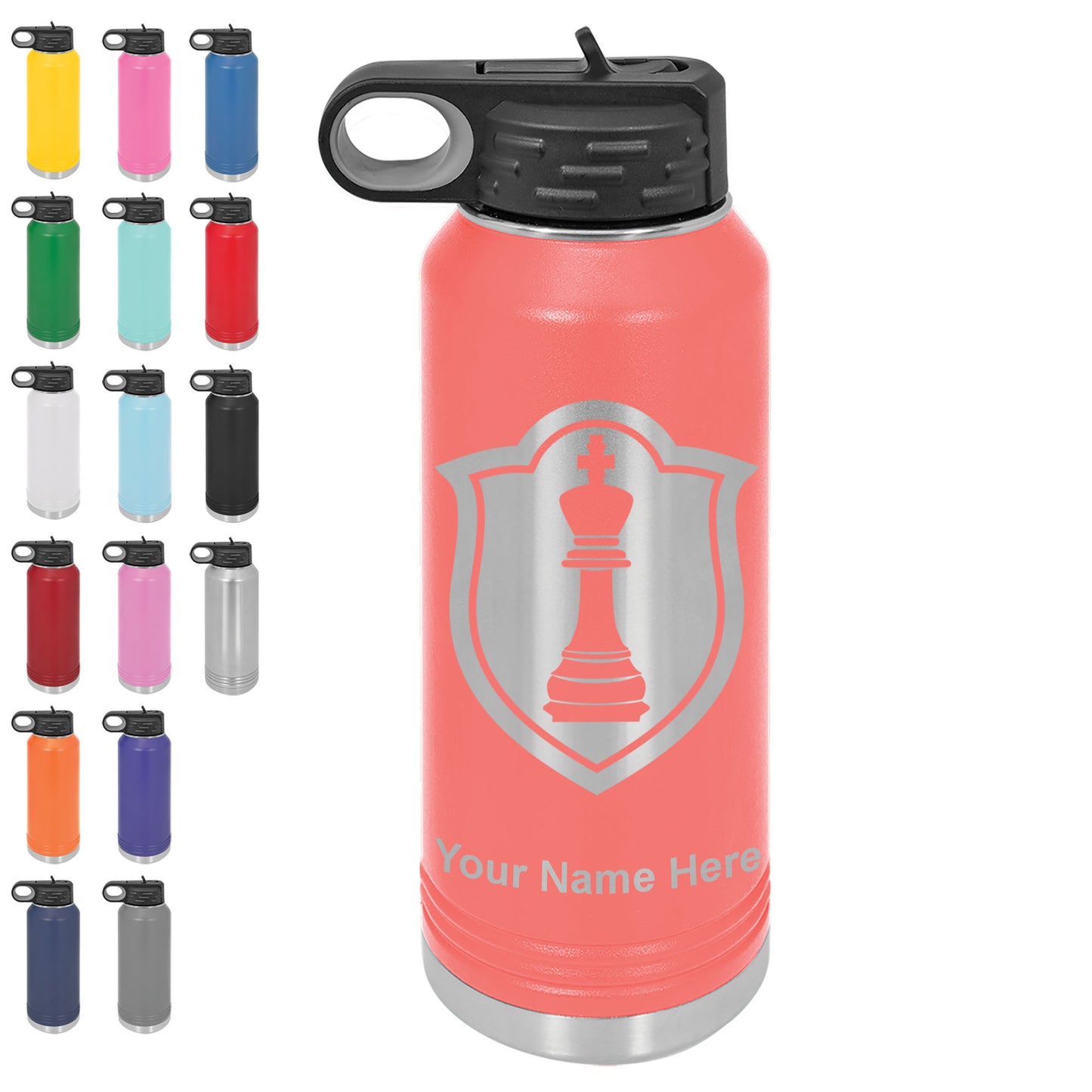 LaserGram 32oz Double Wall Flip Top Water Bottle with Straw, Chess King, Personalized Engraving Included