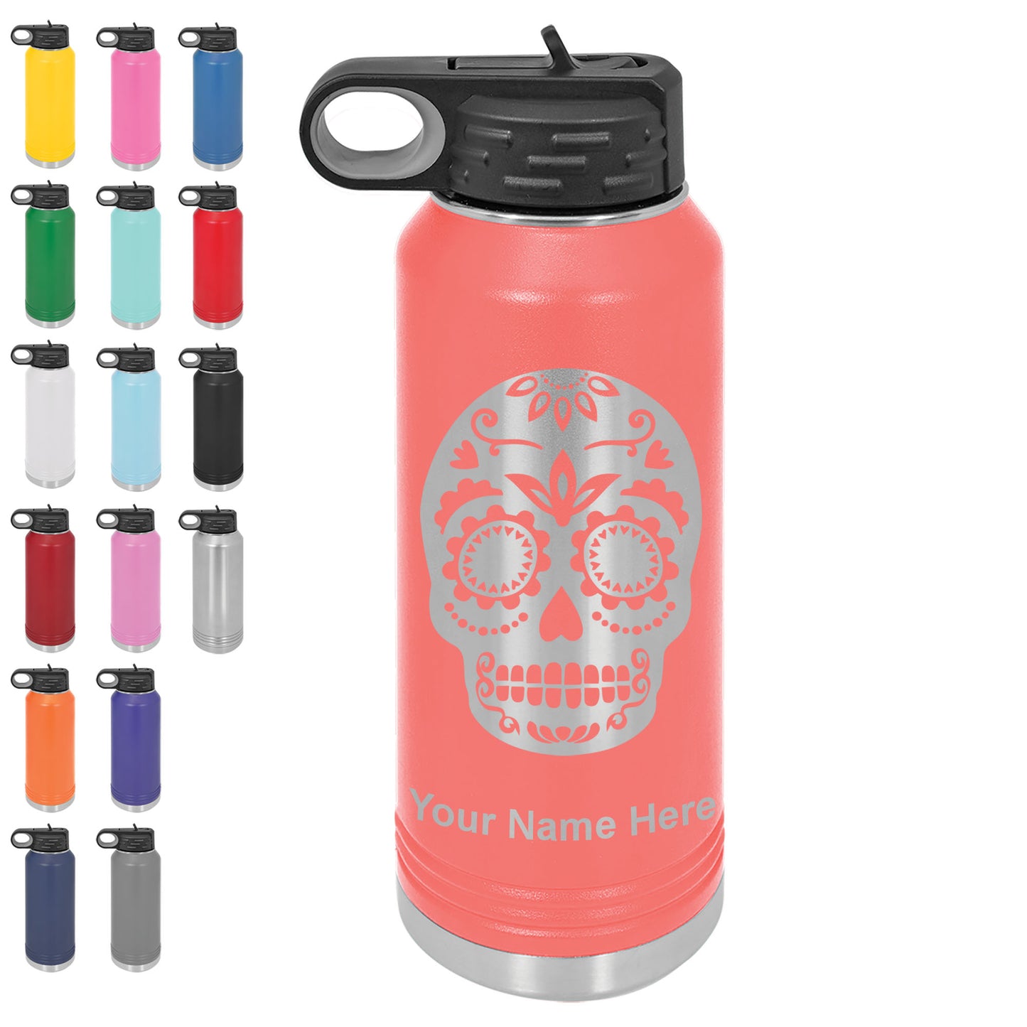 LaserGram 32oz Double Wall Flip Top Water Bottle with Straw, Day of the Dead, Personalized Engraving Included