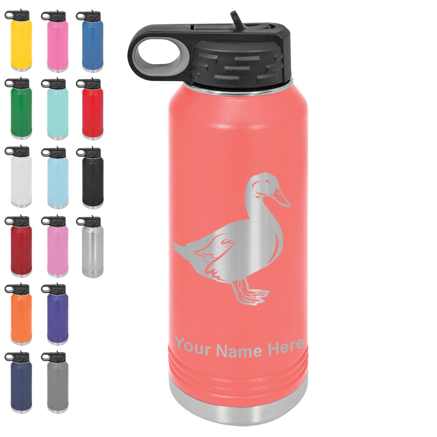 LaserGram 32oz Double Wall Flip Top Water Bottle with Straw, Duck, Personalized Engraving Included