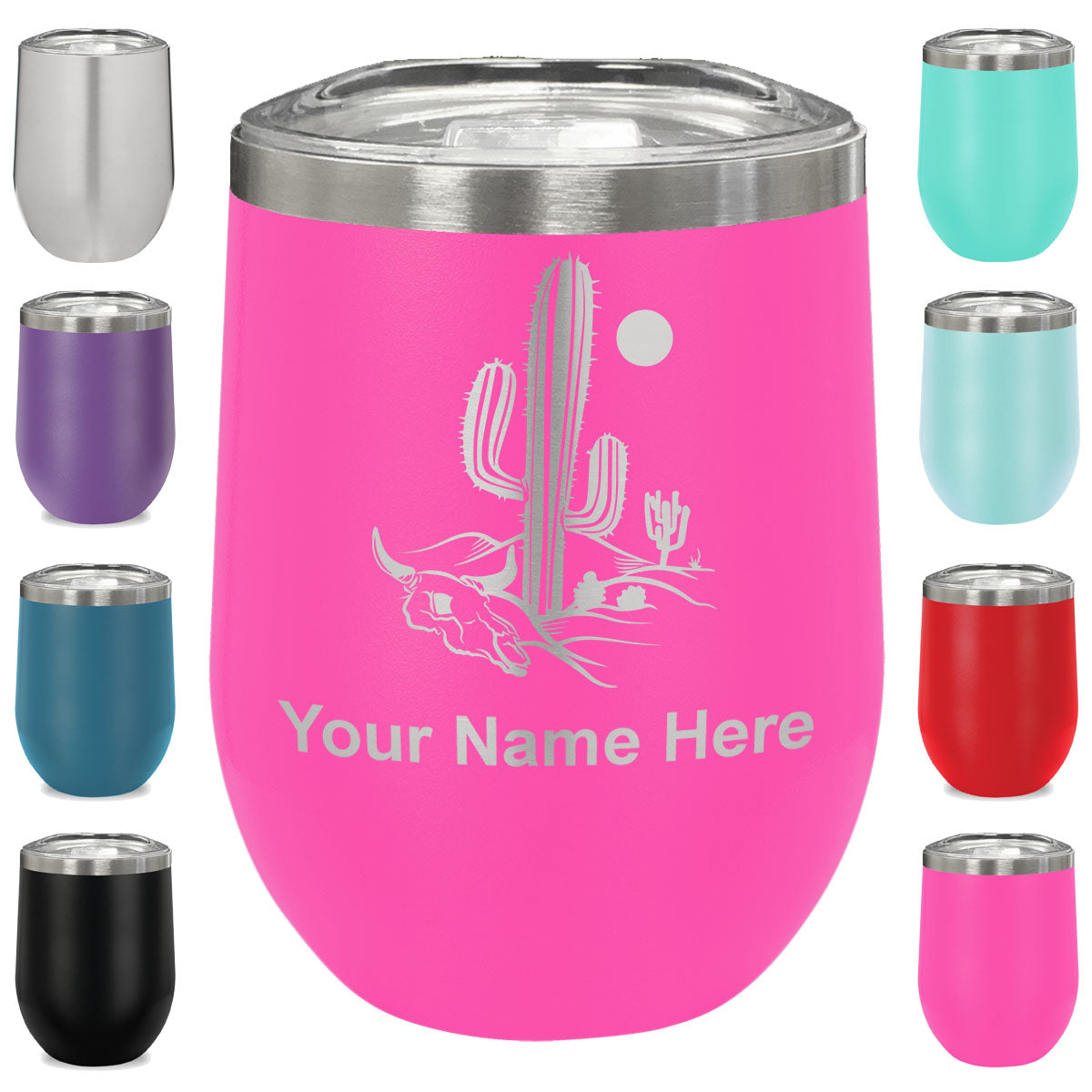 LaserGram Double Wall Stainless Steel Wine Glass, Cactus, Personalized Engraving Included