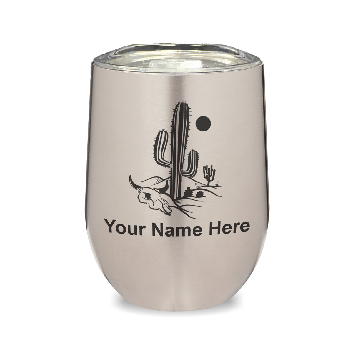 LaserGram Double Wall Stainless Steel Wine Glass, Cactus, Personalized Engraving Included