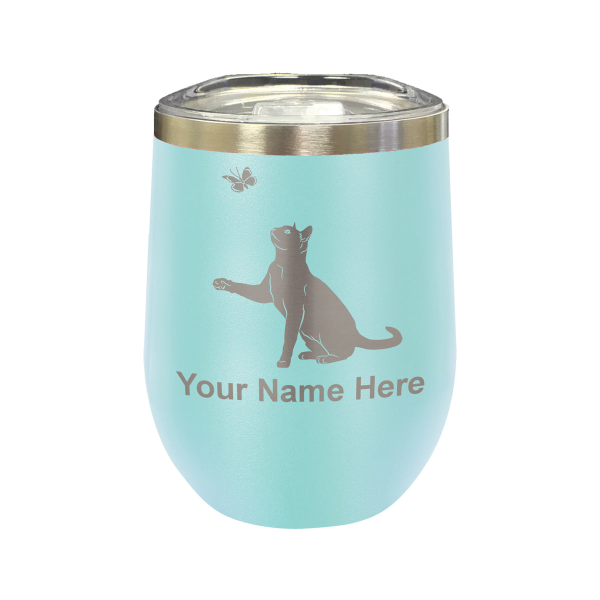 LaserGram Double Wall Stainless Steel Wine Glass, Cat with Butterfly, Personalized Engraving Included