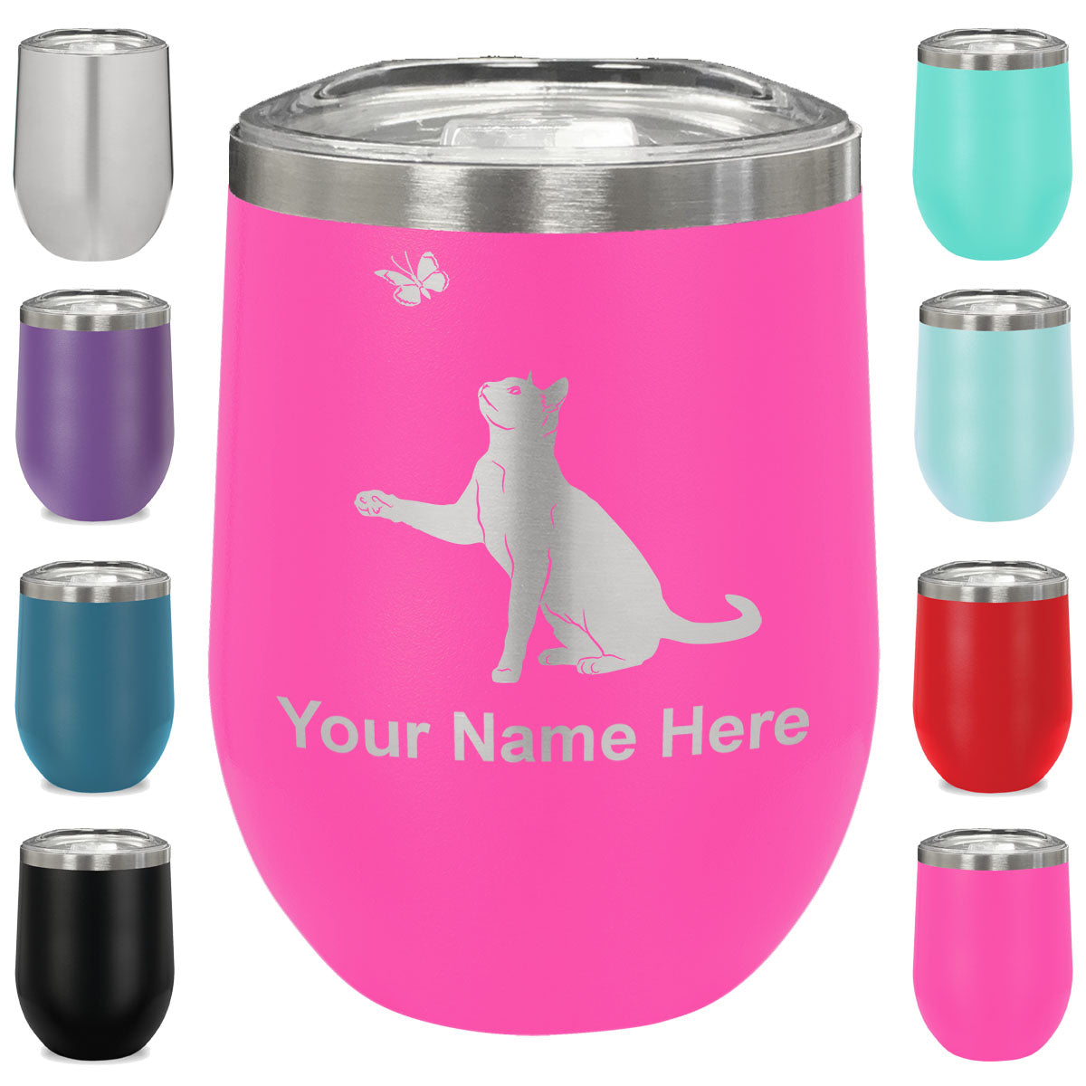 LaserGram Double Wall Stainless Steel Wine Glass, Cat with Butterfly, Personalized Engraving Included