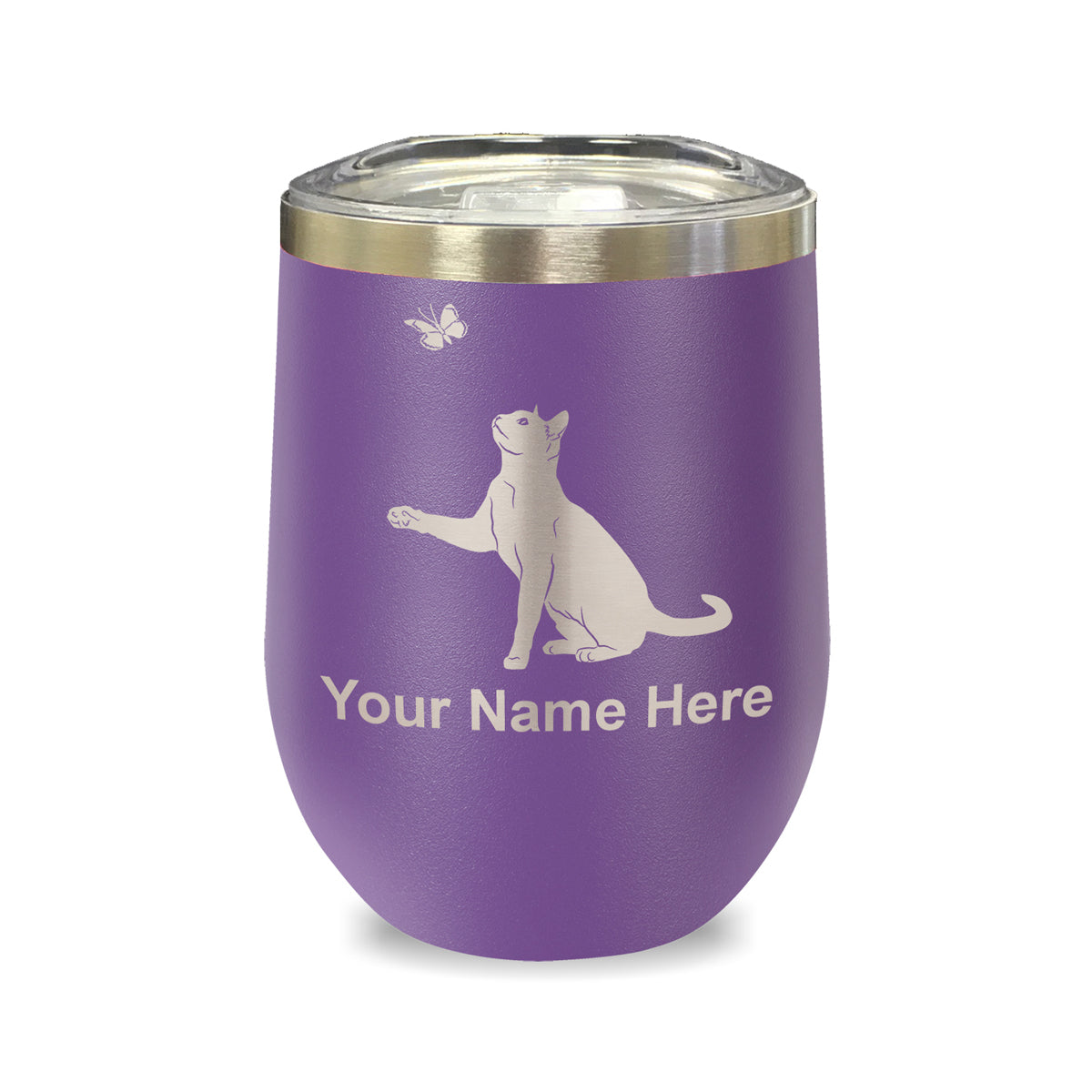 LaserGram Double Wall Stainless Steel Wine Glass, Cat with Butterfly, Personalized Engraving Included