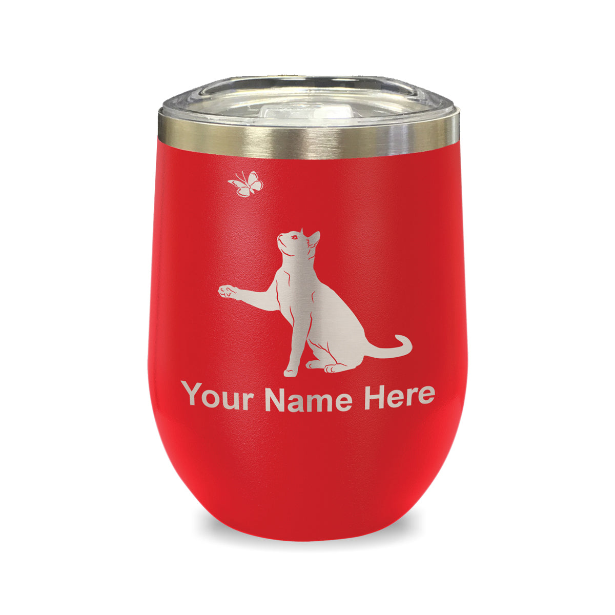 LaserGram Double Wall Stainless Steel Wine Glass, Cat with Butterfly, Personalized Engraving Included