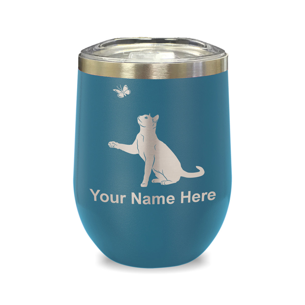 LaserGram Double Wall Stainless Steel Wine Glass, Cat with Butterfly, Personalized Engraving Included