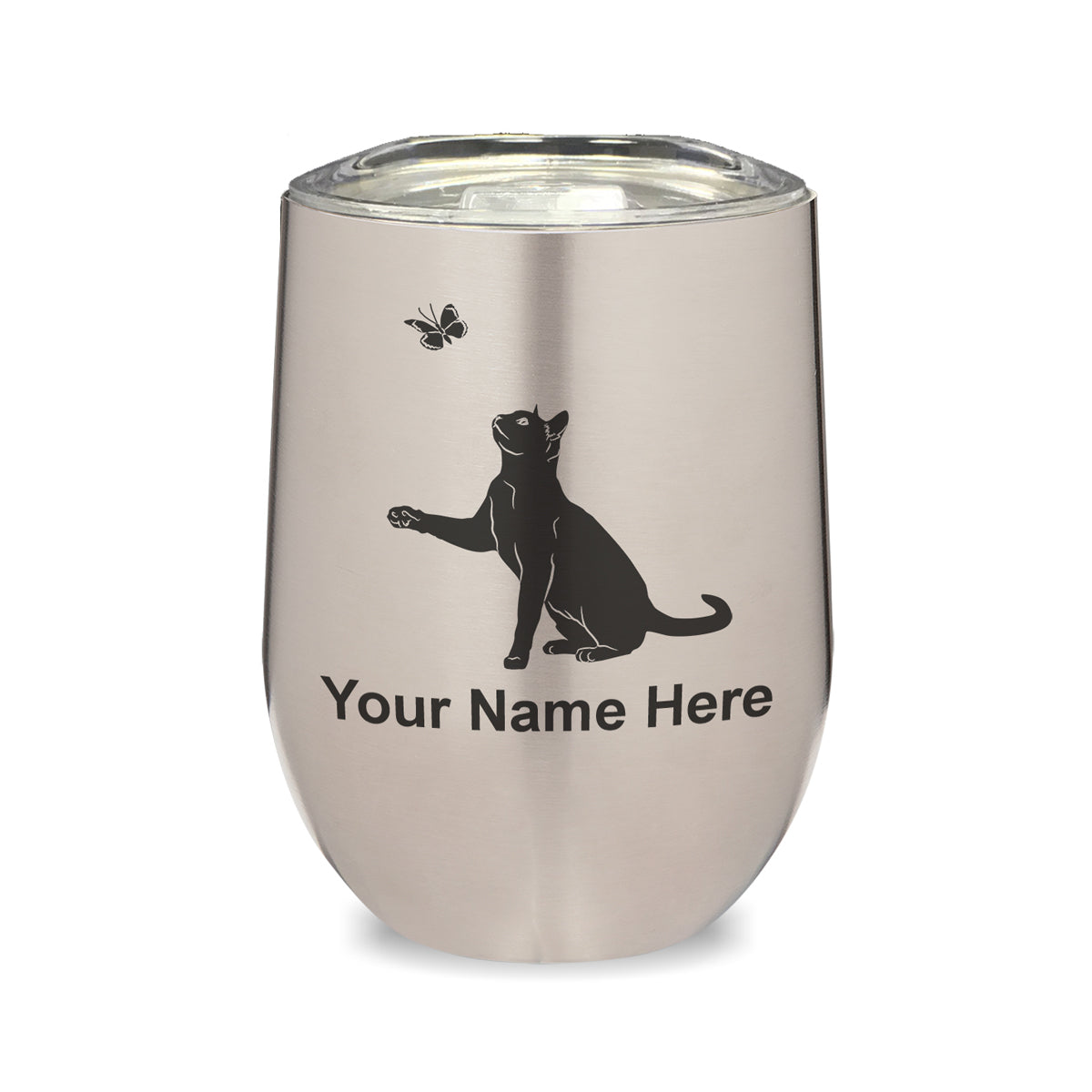 LaserGram Double Wall Stainless Steel Wine Glass, Cat with Butterfly, Personalized Engraving Included