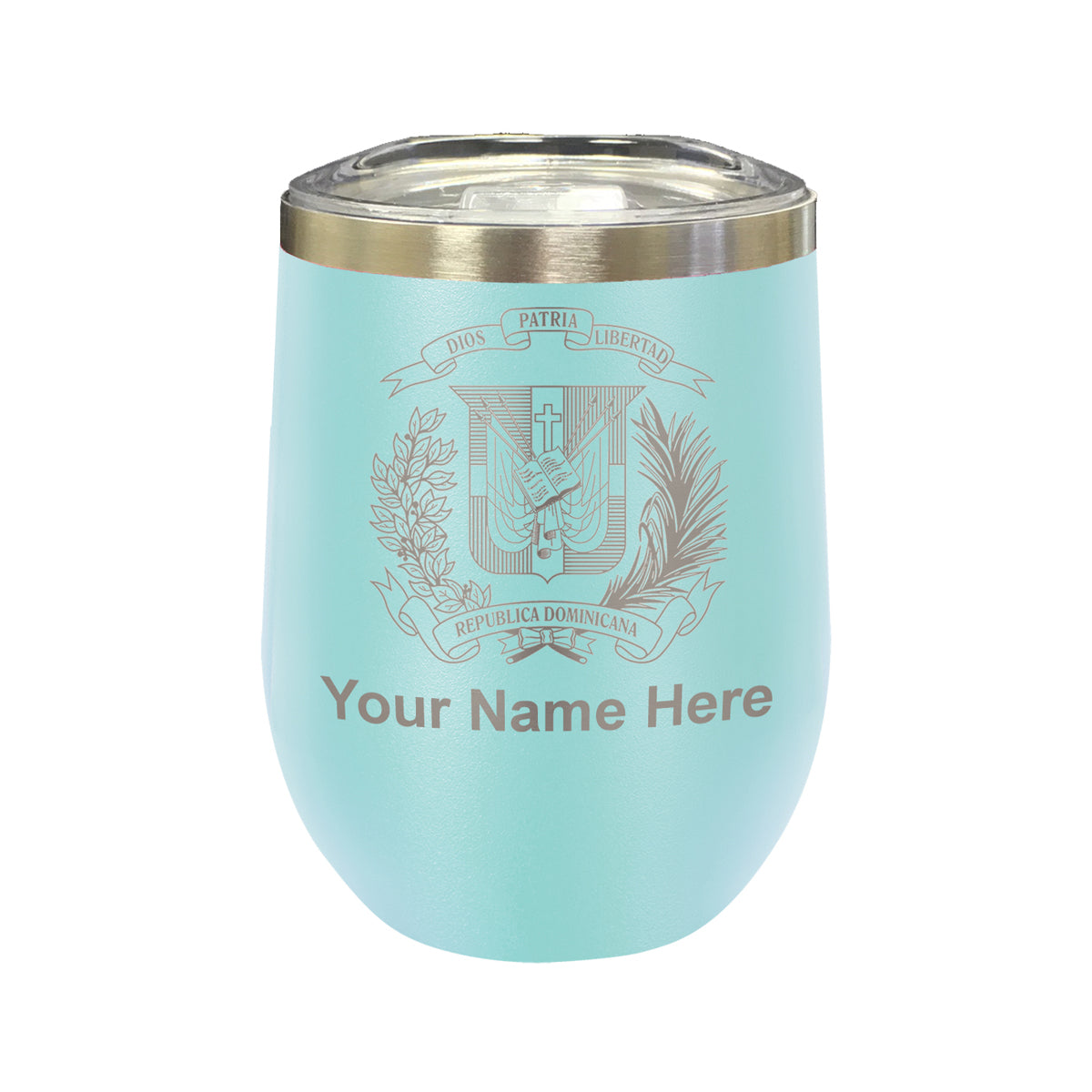 LaserGram Double Wall Stainless Steel Wine Glass, Coat of Arms Dominican Republic, Personalized Engraving Included